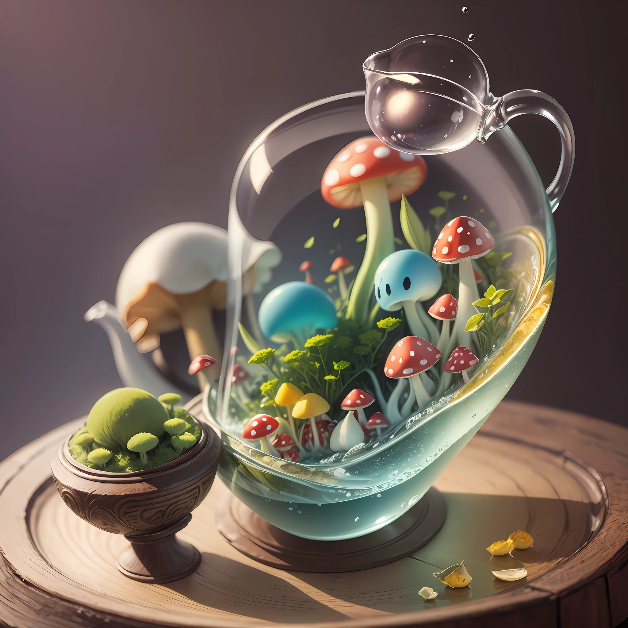 Akaarel drawing, Computer visualized graphics, realistic fantasy, anime, clamp, Disney, cartoon characters, Extensive landscape ultrasound photography (general view showing a glass glass, duet, fly agaric, mushrooms, cute cartoon face, big eyes, nose with a cortoshka, mouth, cartoon hands and legs, set, tray, drinking tea, actions in the form of pouring tea), blurred background, gloomy, yellow, green, purple background, pink, warm, magic