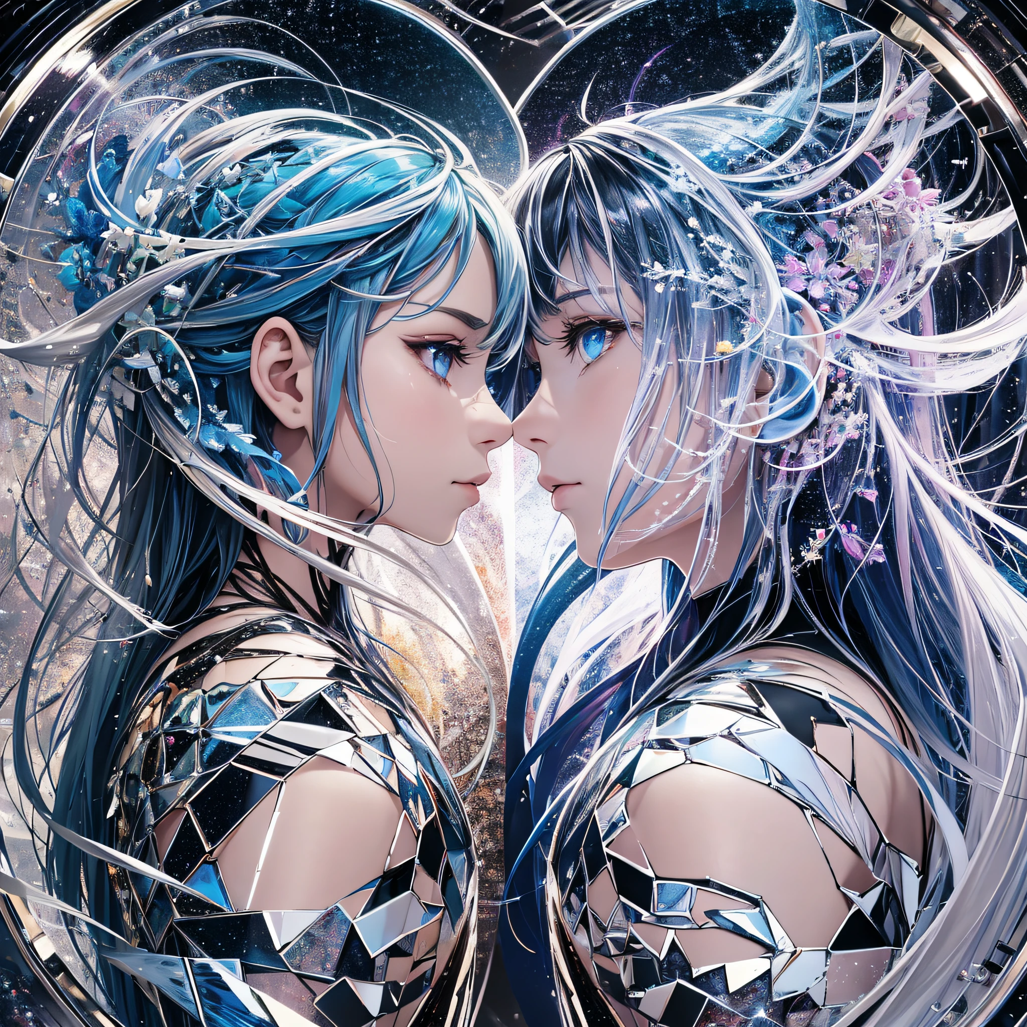 "Parallel Realities": A shattered mirror revealing glimpses of parallel universes, where alternate versions of oneself exist, leading to reflections on identity and choice, Surrealism, color field printing, high detail, UHD, 8k, anatomically correct, cinematic lighting 4d quality --auto --s2