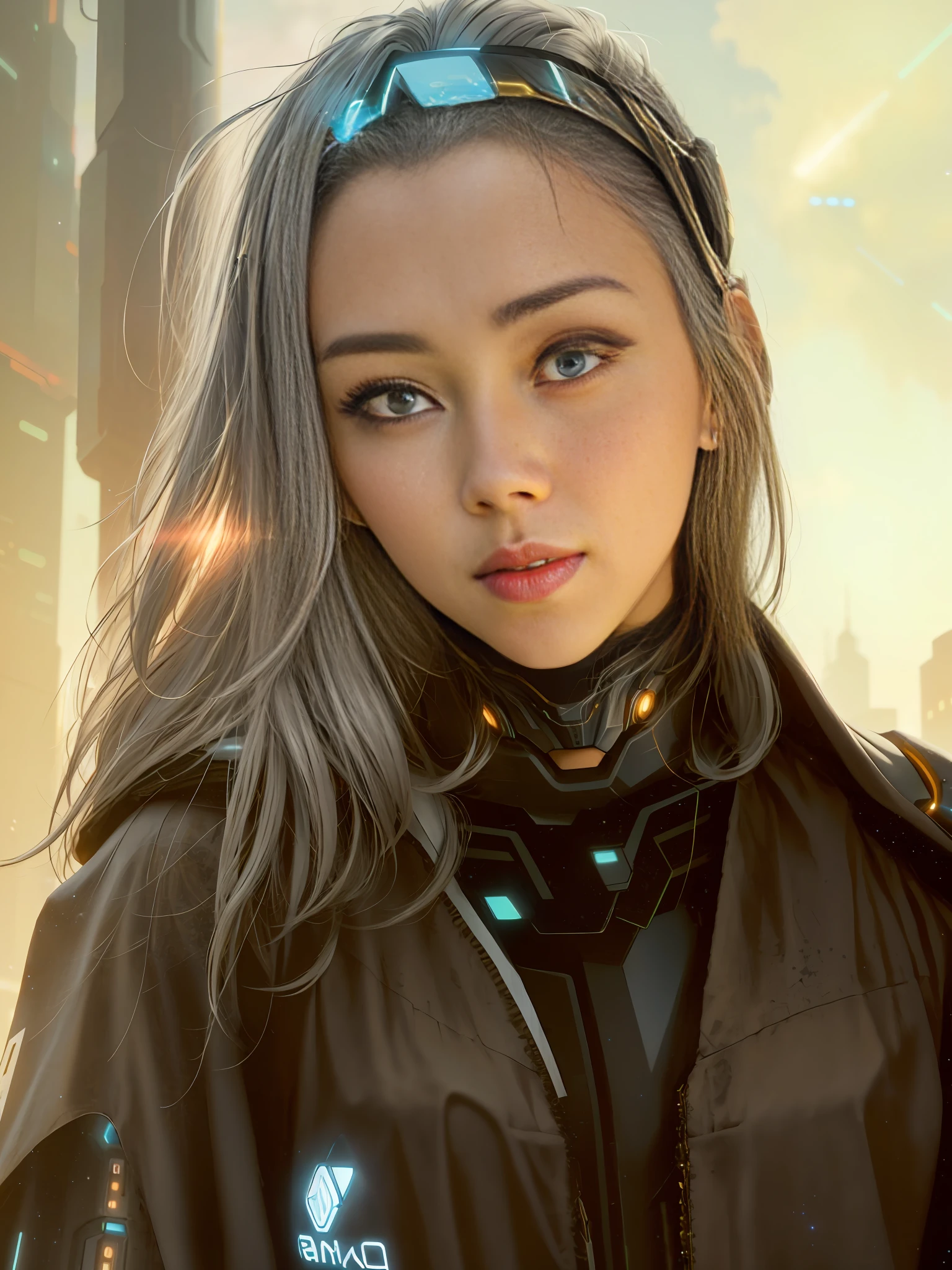 Masterpiece, Best Quality, 4K, Mecha, Glow, Futuristic, Starry Sky, Sky, Stars \ (Sky\), Cloak, Headband, Slender Legs, Long Hair, Gray Hair, Cyberpunk, Depth of Field, Blurred Background,