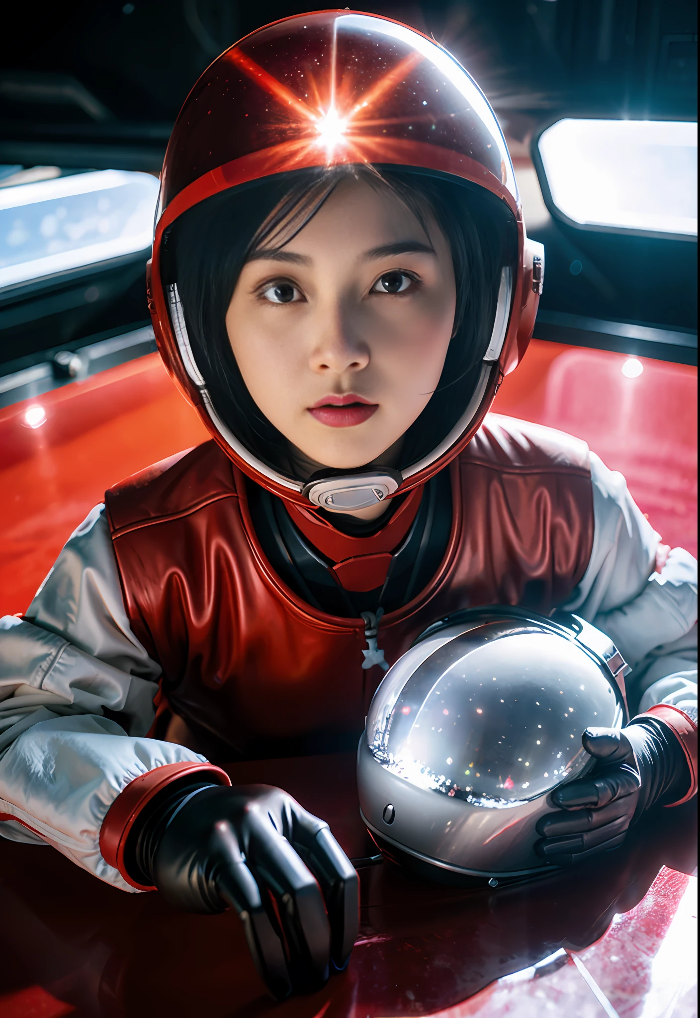 1girl, flat chested, cute, beautiful detailed eyes, shiny hair, visible through the hair, hair between the eyes, CCCPposter, sovietposter, red monochrome, Soviet poster, USSR, communism, black hair, red eyes, vampire ,girl,small breasts,spacesuit:Orange_clothing_body:jumpsuit ), white_gloves, white_space shoes, white_helmet, CCCP scarlet letters on the top of the helmet, weightlessness, Side light, reflection, the person in the spacesuit is at the bottom left of the picture, right hand outstretched, right hand Gently touch the Salyut space station), the space station in the upper right corner of the screen, the reflected light of the sun, silver metal, red flag, brilliance, Soviet style, diffuse reflection, metal texture, blue earth in the distance, mech style, star sea, high-profile, majestic