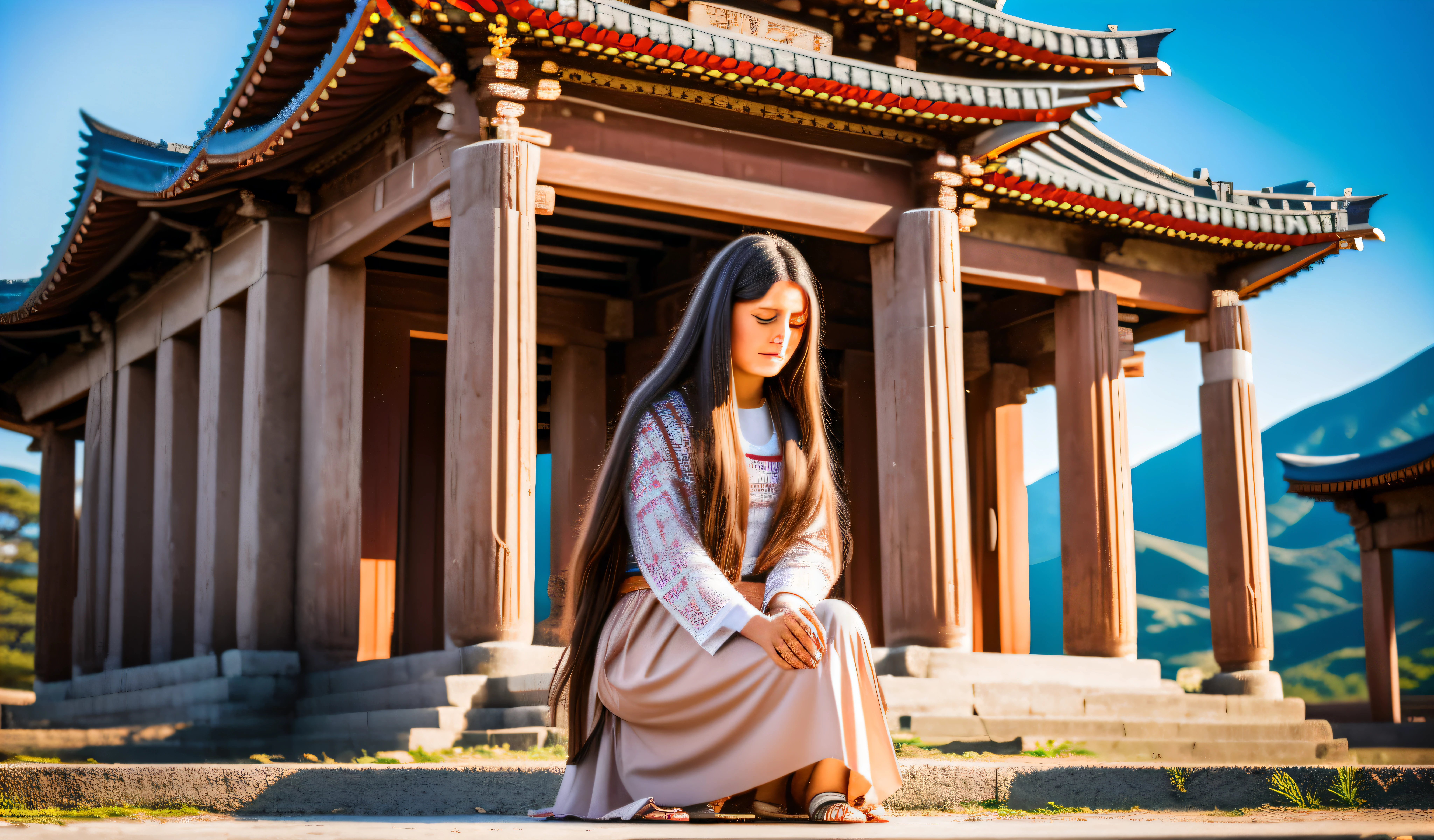 A young woman of about 17 years old with long brown hair bent on her knees in front of a temple where an old sage lives
