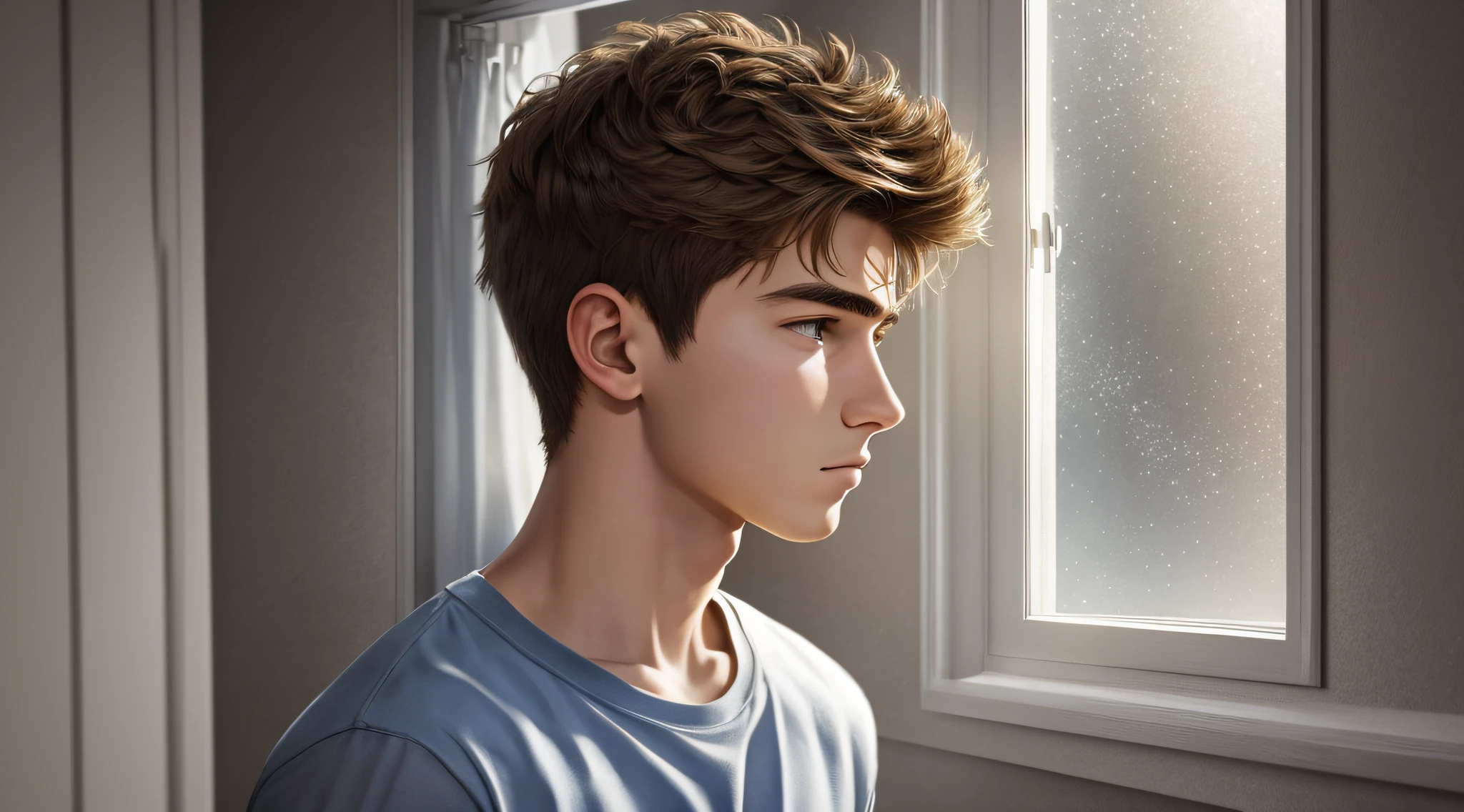 Drawing, ultra realistic, 8k, extremely detailed, in the best quality, a -yeld telooking out a window, in a well-lit room.