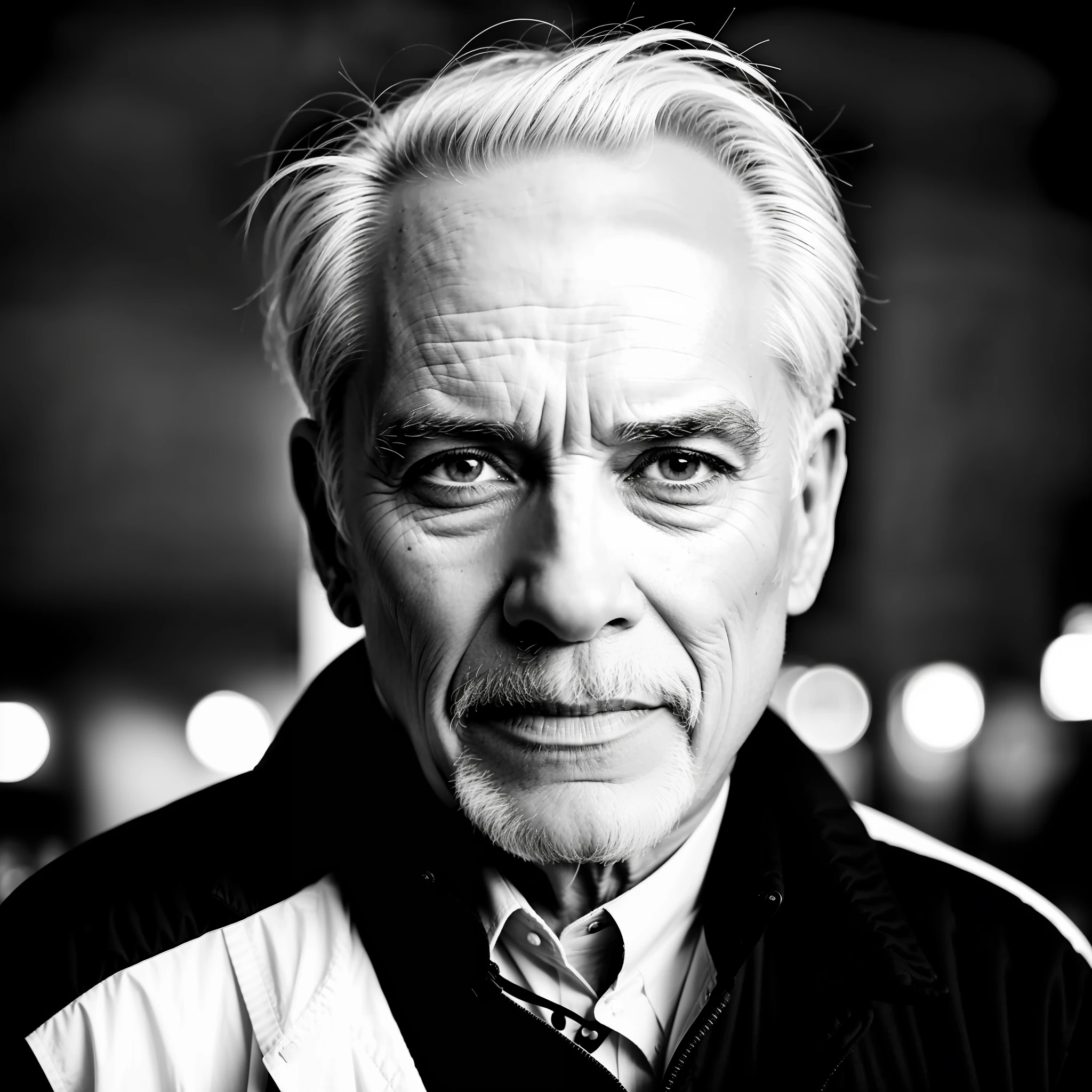 60 years old man in black with white hair, black and white portrait, face, half, body, high detail skin, skin pores, city night, cloudy, wind, 8k uhd, film camera camera, large aperture, soft light, high quality, film grain, Leica M3