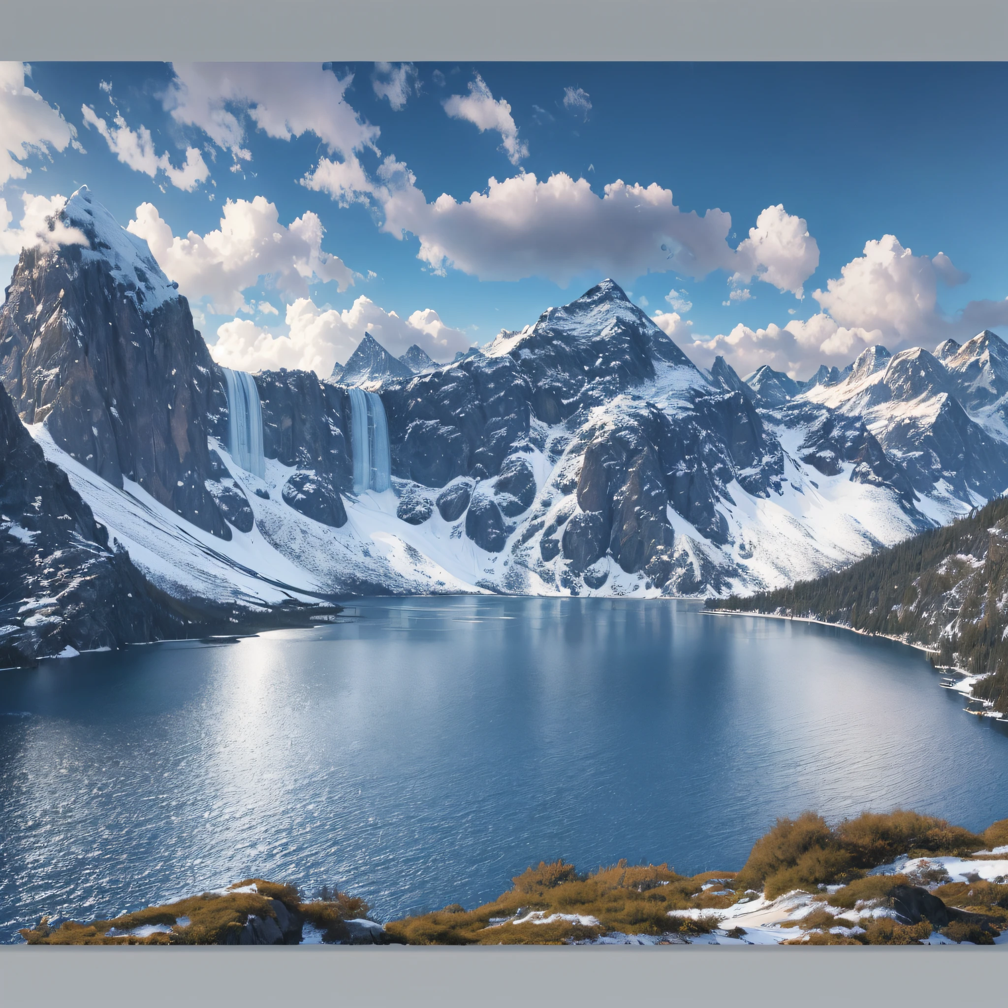 "Majestic Mountain Range": A breathtaking panoramic view of snow-capped peaks, deep valleys, and cascading waterfalls, capturing the grandeur and serenity of nature, Surrealism, color field printing, high detail, UHD, 8k, anatomically correct, cinematic lighting 4d quality --auto --s2