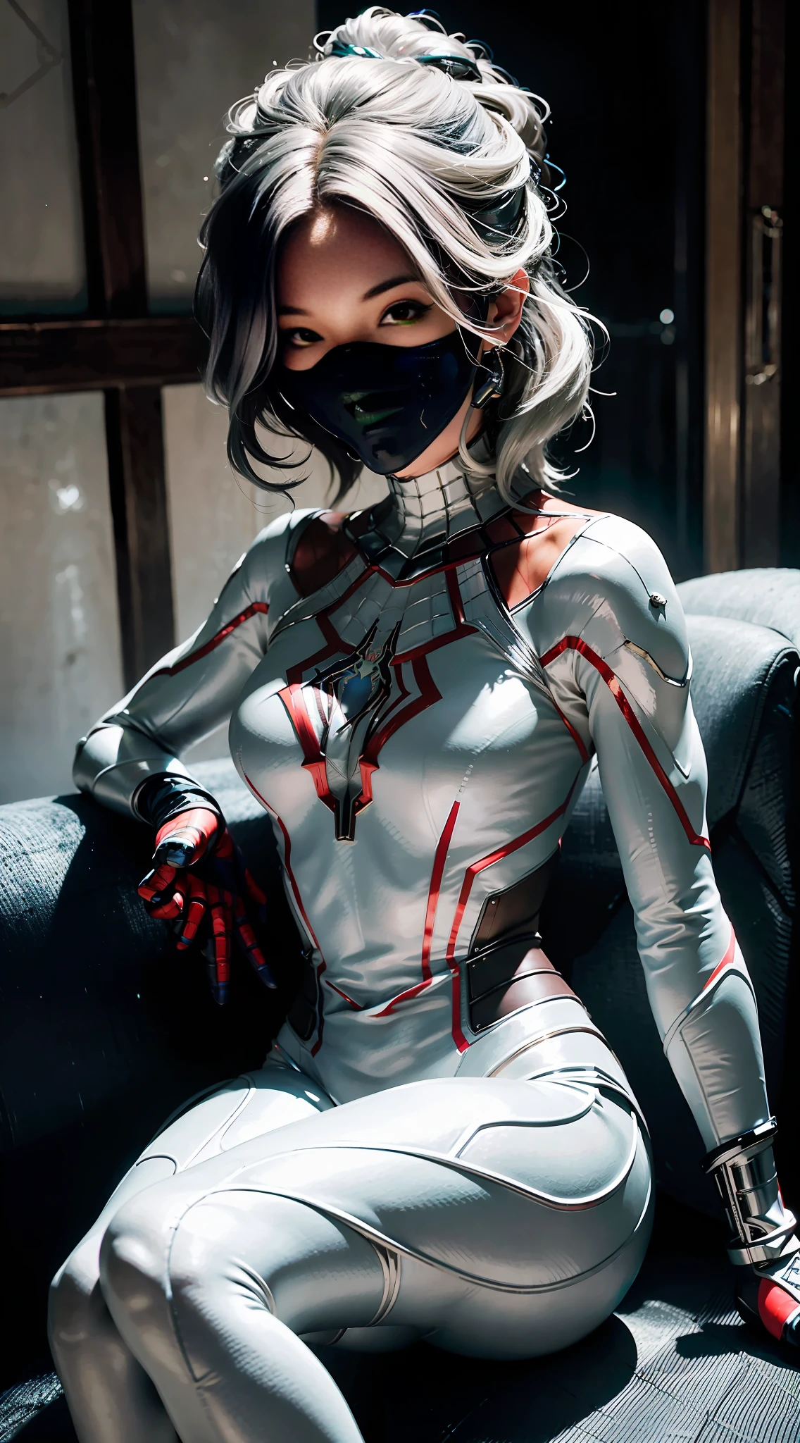 araffe woman in a silver suit sitting on a couch, highly detailed exquisite fanart, glossy white armor, ( ( spiderwoman ) ), cyborg - girl with silver hair, anime character; full body art, captured on canon eos r 6, realistic cosplay, futuristic style spiderman, marvel style, marvelous expression, spider woman, professional cosplay, cyber suit, in style of marvel