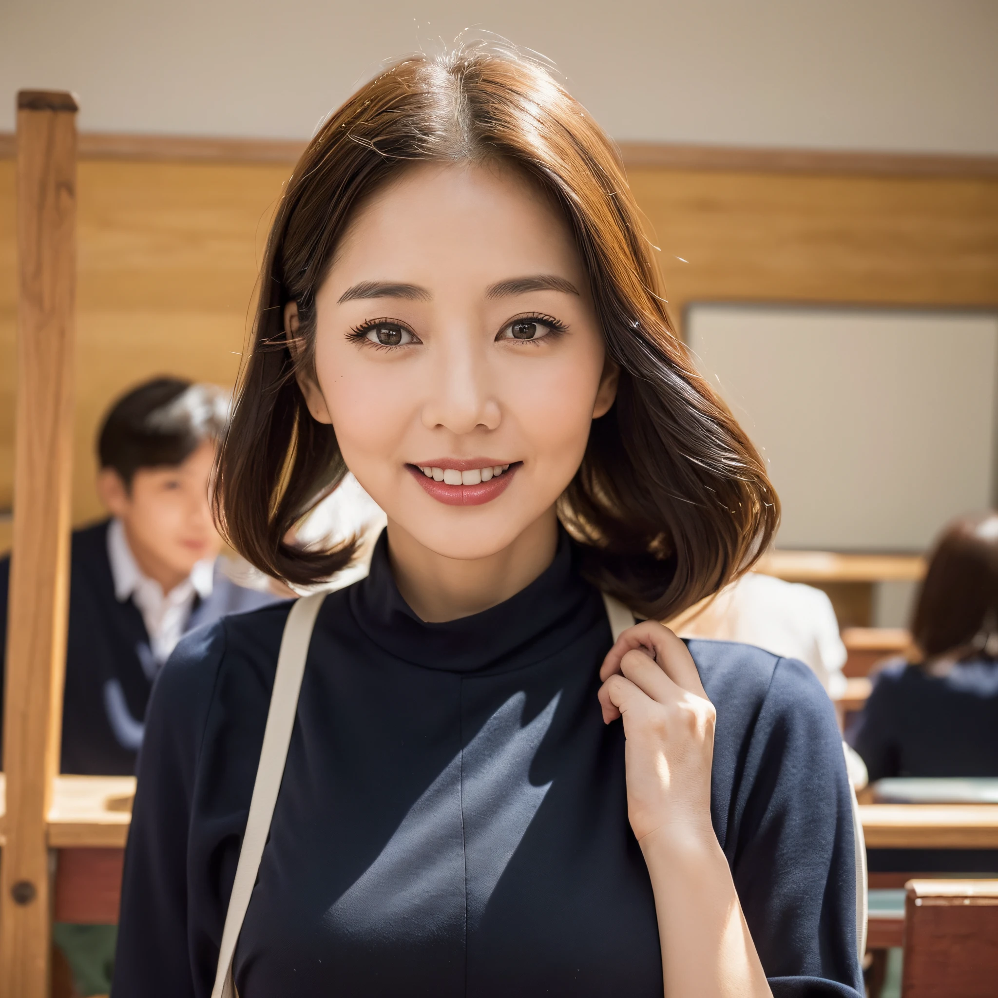 ((top quality, 55-year-old mother, masterpiece: 1.3)), 55-year-old woman with bag slung over one shoulder: 1.1, sharp focus: 1.2, cute beautiful woman with perfect body: 1.4, slim: 1.2, ((classroom, class visit: 1.2)), (black full-length dress, less exposed, happy look, seduction: 1.2), ((school, classroom: 1.3 Making with a main focus on women)), very detailed face and skin texture, detailed eyes, double eyelids, 55-year-old housewife, son class visit, class visit day,