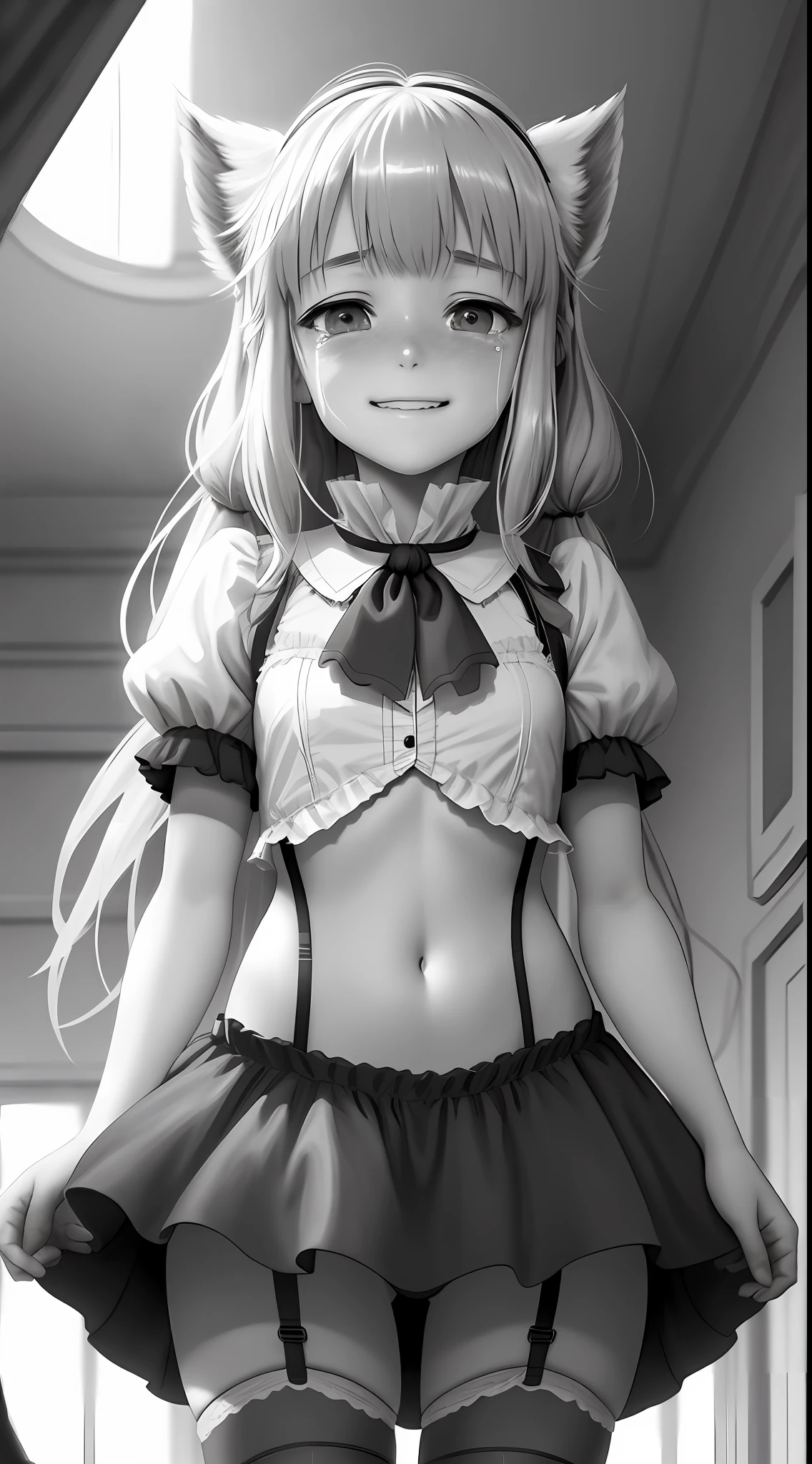 "An extremely detailed CG illustration of 1 girl with a sad smile of ecstasy, tears in the eyes, her upper body in focus and looking up towards the viewer with a sad mouth, (short clothes), (transparent garter belt), (crying expression), seen from above with a dynamic angle. The art style is reminiscent of Nanachi from "Made in Abyss," with a sharp focus and fine outline."