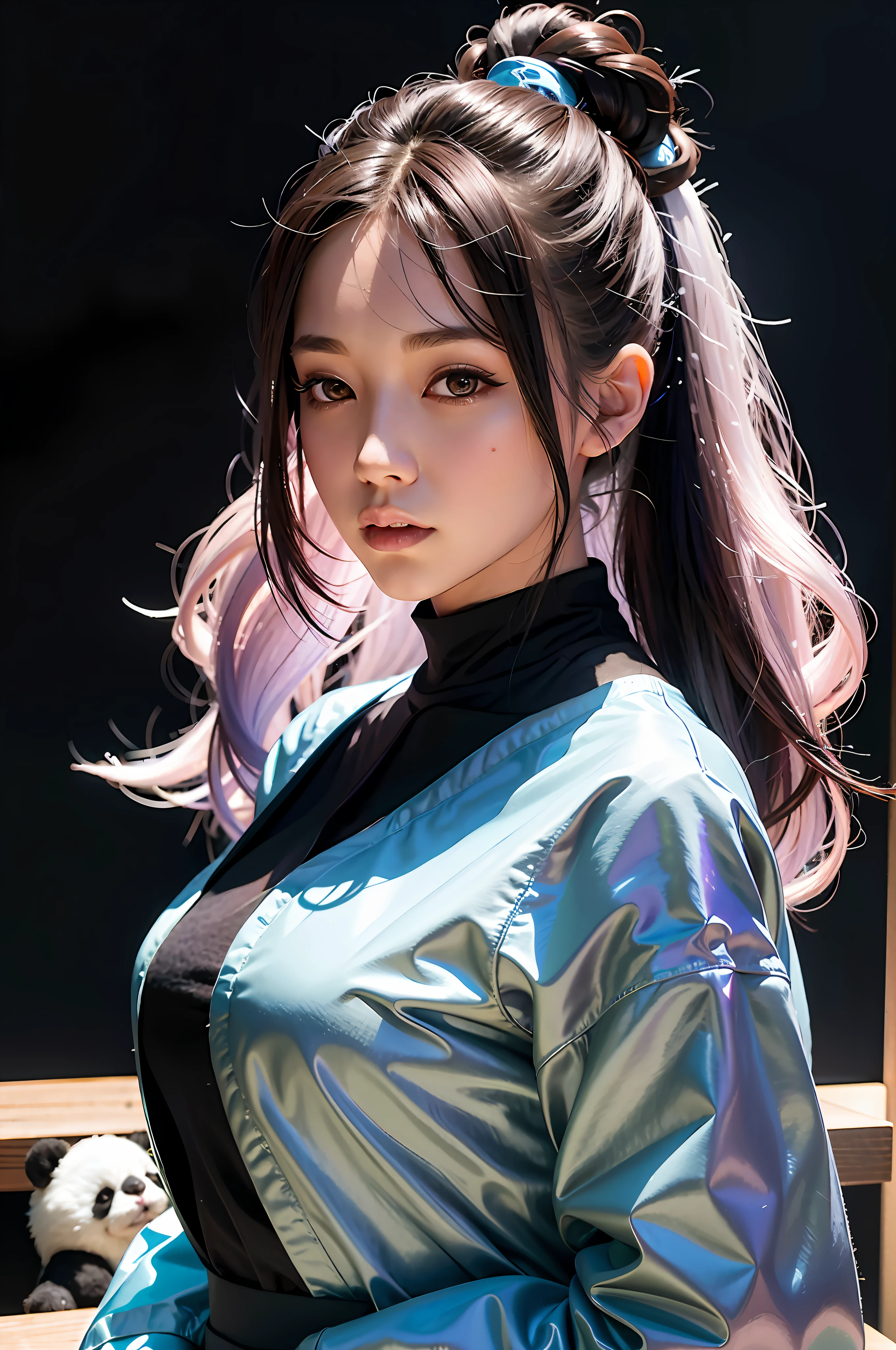 There is a woman with long hair in a silver jacket, inspired by Zheng Yanjun, Panda, Panda, Guvez style artwork, IG model|Artgerm, Ross Tran style, Ross Tran style, Ross Tran 8 K, by Russell Dongjun Lu, popular in cgstation, loish and ross tran, Korean girl, Yanjun Cheng