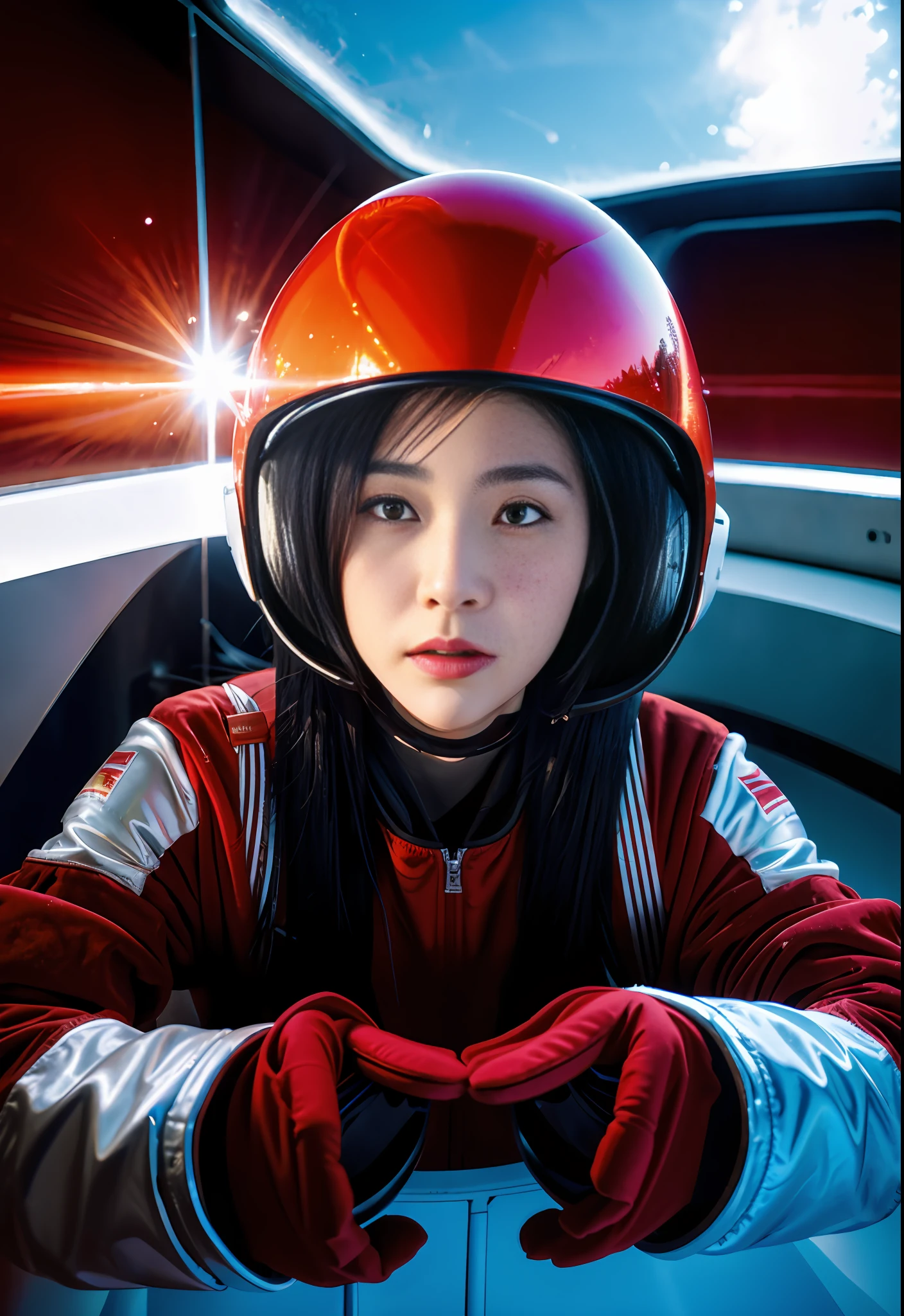 1girl, flat chested, cute, beautiful detailed eyes, shiny hair, visible through the hair, hair between the eyes, CCCPposter, sovietposter, red monochrome, Soviet poster, USSR, communism, black hair, red eyes, vampire ,girl,small breasts,spacesuit:Orange_clothing_body:jumpsuit ), white_gloves, white_space shoes, white_helmet, CCCP scarlet letters on the top of the helmet, weightlessness, Side light, reflection, the person in the spacesuit is at the bottom left of the picture, right hand outstretched, right hand Gently touch the Salyut space station), the space station in the upper right corner of the screen, the reflected light of the sun, silver metal, red flag, brilliance, Soviet style, diffuse reflection, metal texture, blue earth in the distance, mech style, star sea, high-profile, majestic