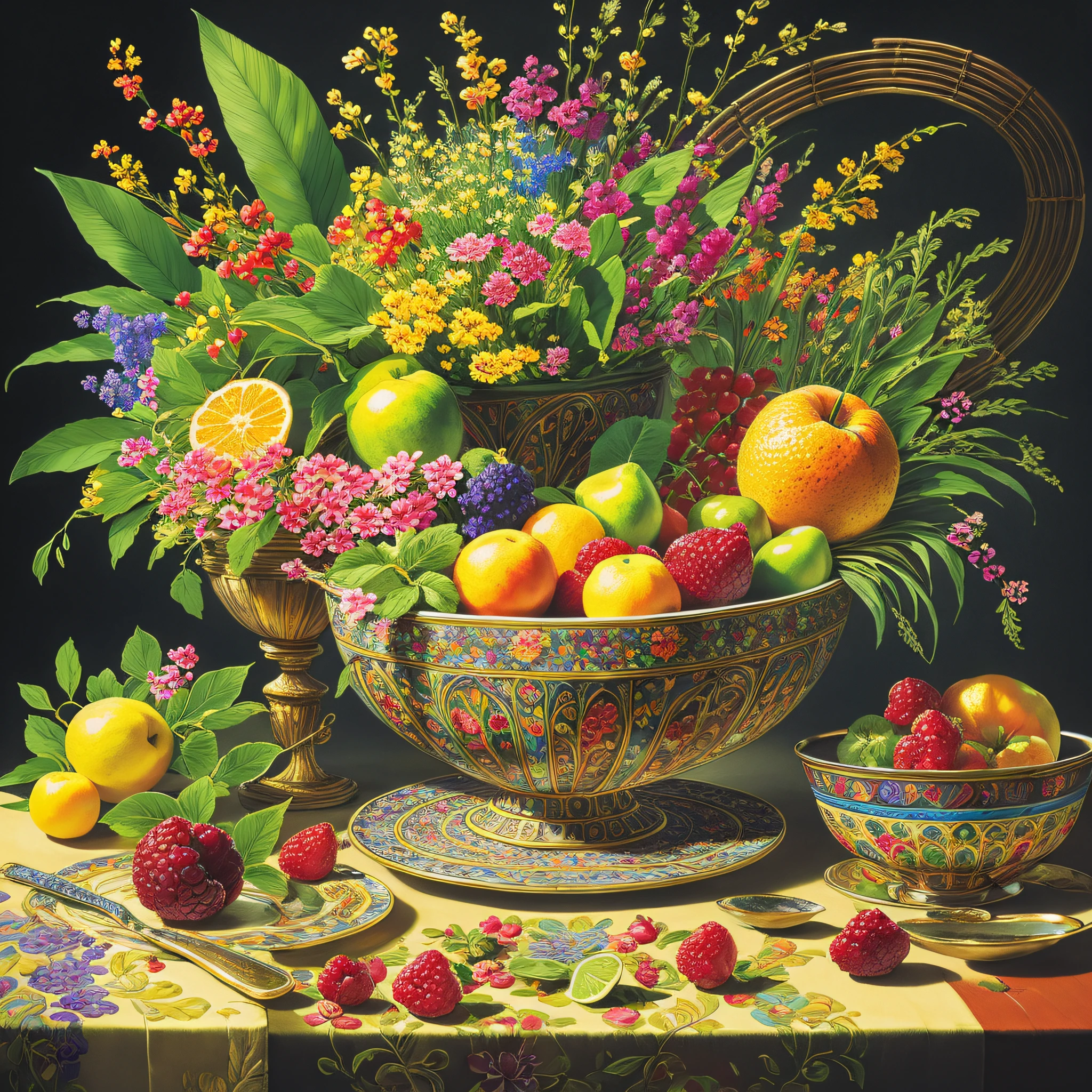 "Exquisite Still Life": A meticulously arranged still life composition with vibrant flowers, luscious fruits, and intricate details, inviting exploration of colors, textures, and light, Surrealism, color field printing, high detail, UHD, 8k, anatomically correct, cinematic lighting 4d quality --auto --s2