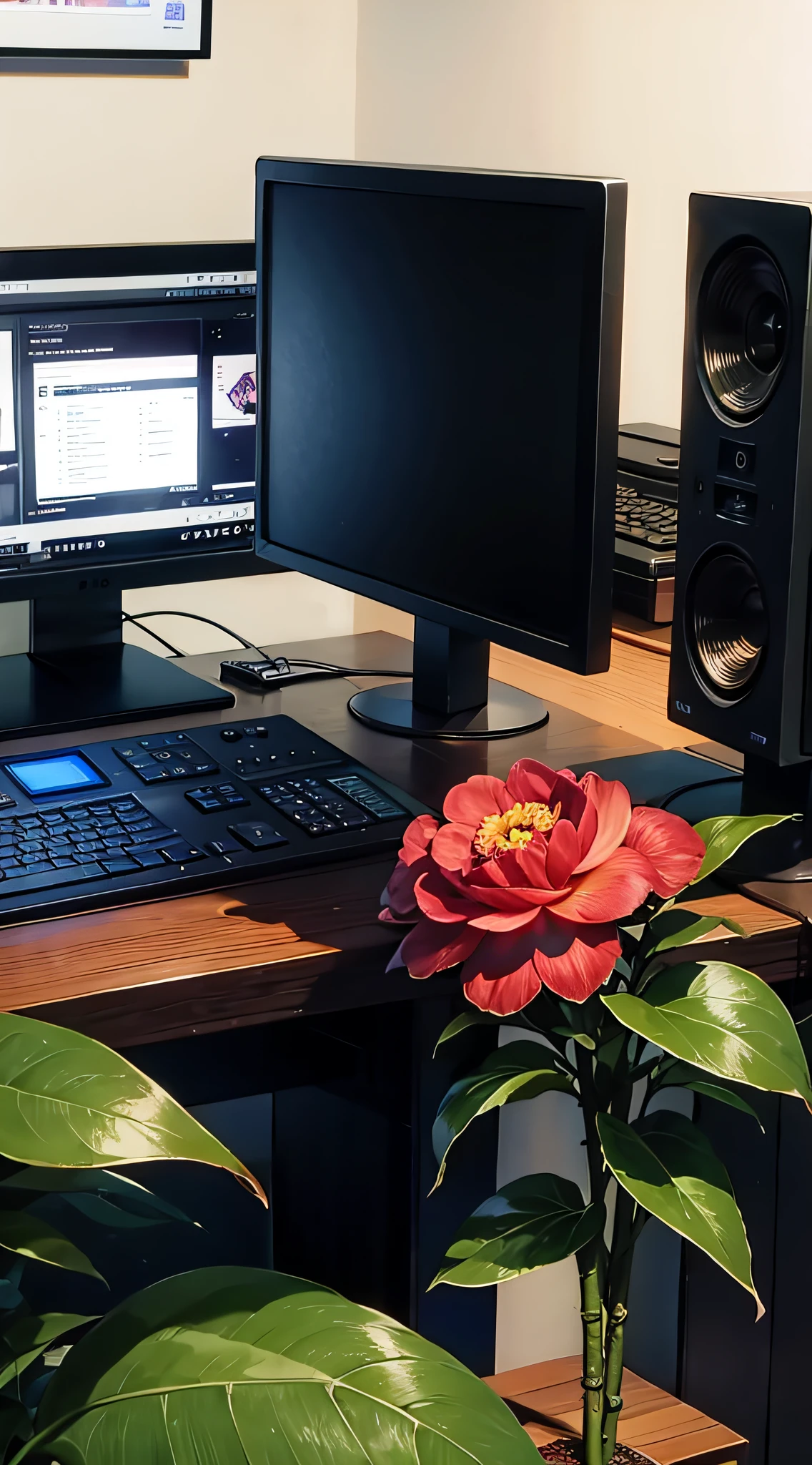 A high-tech computer monitor with a lot of giant camellias next to it