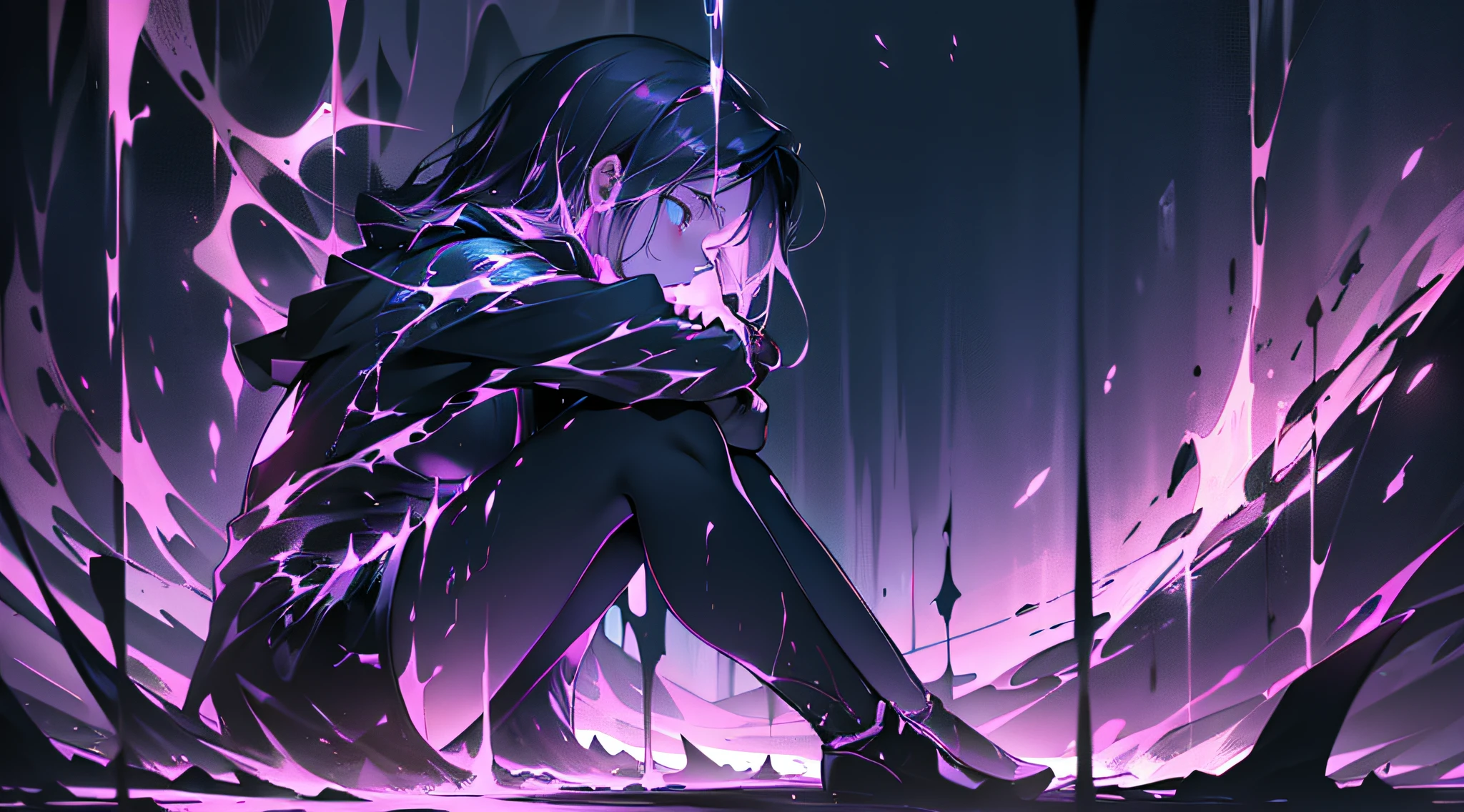 The girl sat in the dark and void environment, her expression was terrified, and the environment darkened and her hands struggled