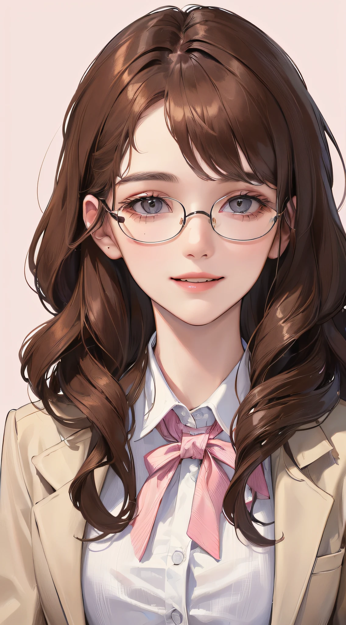 (((1 woman))),(MAX resolution, distinct_image) Best quality, masterpiece, highly detailed, semi-realistic, brown braid hair, black-rimmed glasses, smile, bangs, 21 years old, mature, young, white Y-shirt, beige tailored jacket, pink background, delicate facial features, facial features