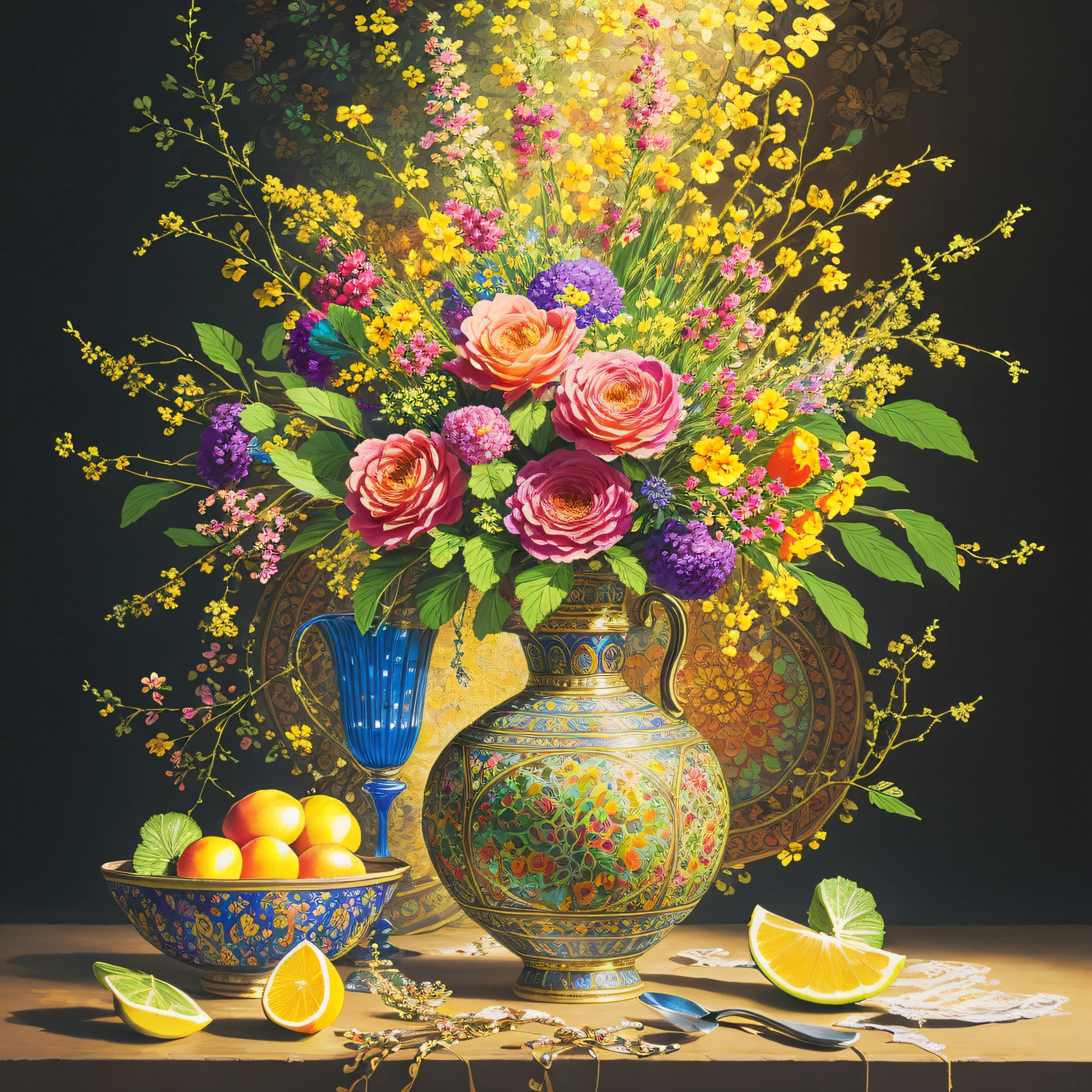 "Exquisite Still Life": A meticulously arranged still life composition with vibrant flowers, luscious fruits, and intricate details, inviting exploration of colors, textures, and light, Surrealism, color field printing, high detail, UHD, 8k, anatomically correct, cinematic lighting 4d quality --auto --s2