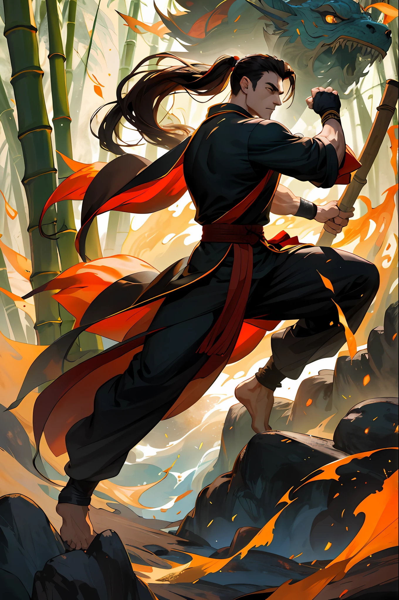 (Absurd, intricate details, masterpiece, best quality, high resolution, 8k), 1 male, mature, handsome, tall muscular man, broad shoulders, ponytail hair, dark brown eyes, fine eyes and detailed face, behind him is a huge water element, (style swirl magic: 0.7), (full body: 0.6), (Chinese fantasy theme: 1.1), hair fluttering in the wind, martial artist, dynamic pose, combat stance, clenched fists, fingerless gloves, wristbands, dragon-themed costumes, monk robes, Bamboo forest in background, rotating floating particles, dynamic composition, mysterious oriental medieval atmosphere, depth of field, visual effects.