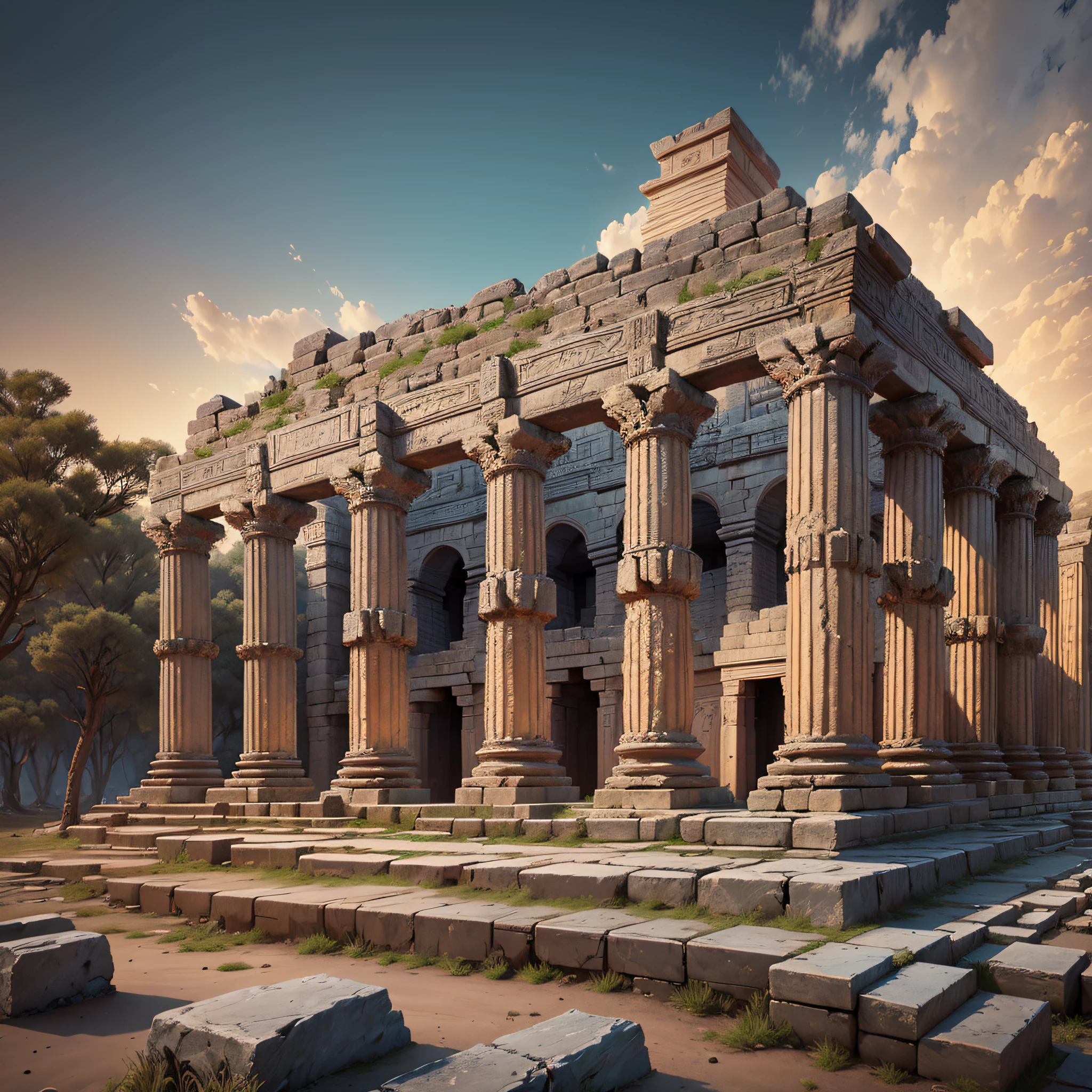 "Ancient Temple": A meticulously detailed, photorealistic depiction of an ancient temple or ruins, showcasing intricate architectural elements, weathered textures, and historical significance, Surrealism, color field printing, high detail, UHD, 8k, anatomically correct, cinematic lighting 4d quality --auto --s2