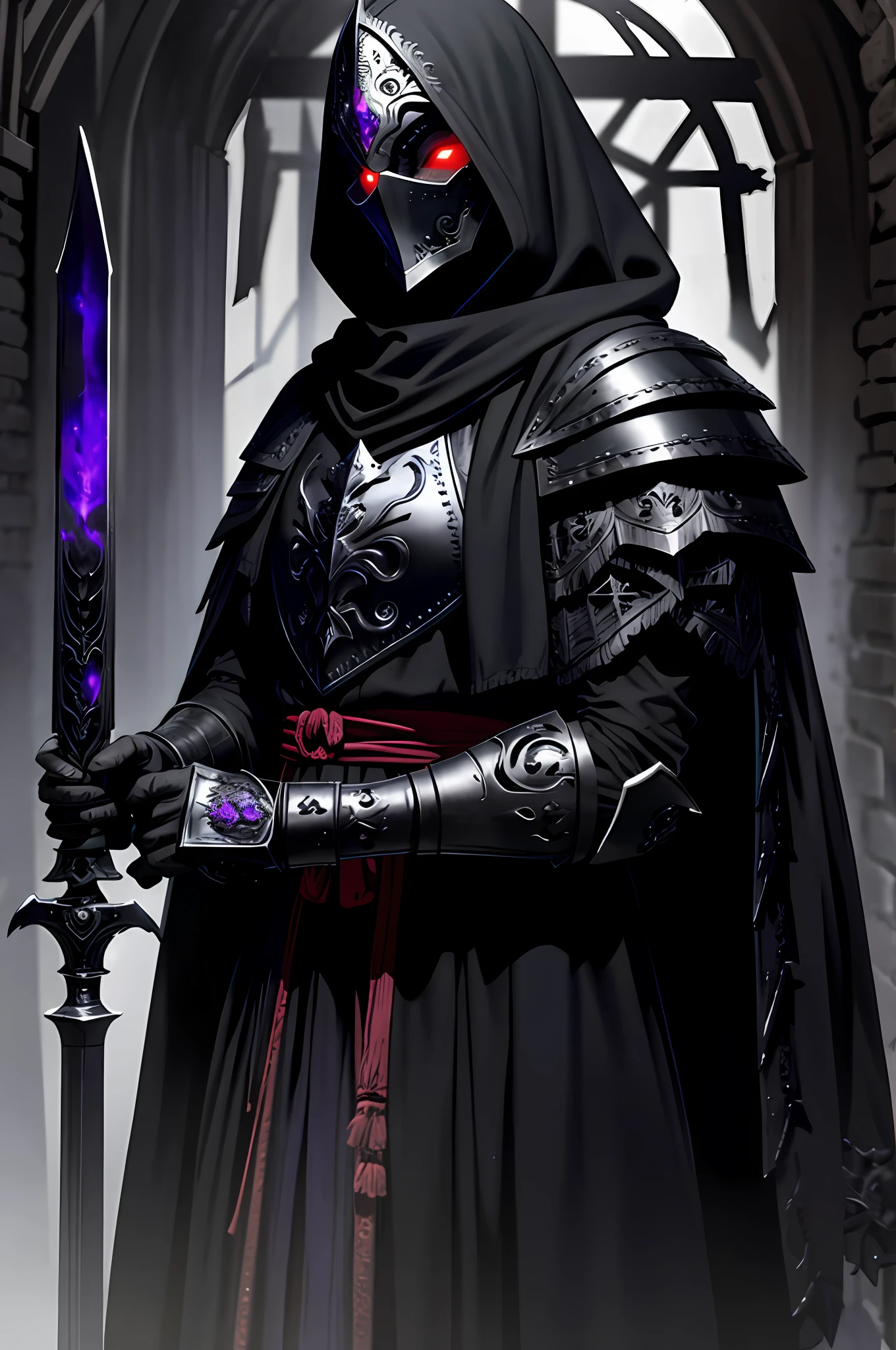 dark soul, A bodyless armor, black shawl, black hood, no face, male, armor carving, demonic armor, black face, scarlet eyes, barrel helmet, peephole, iron crown, holding a Ornate black and purple one-handed sword, gothic style, in a dark forest