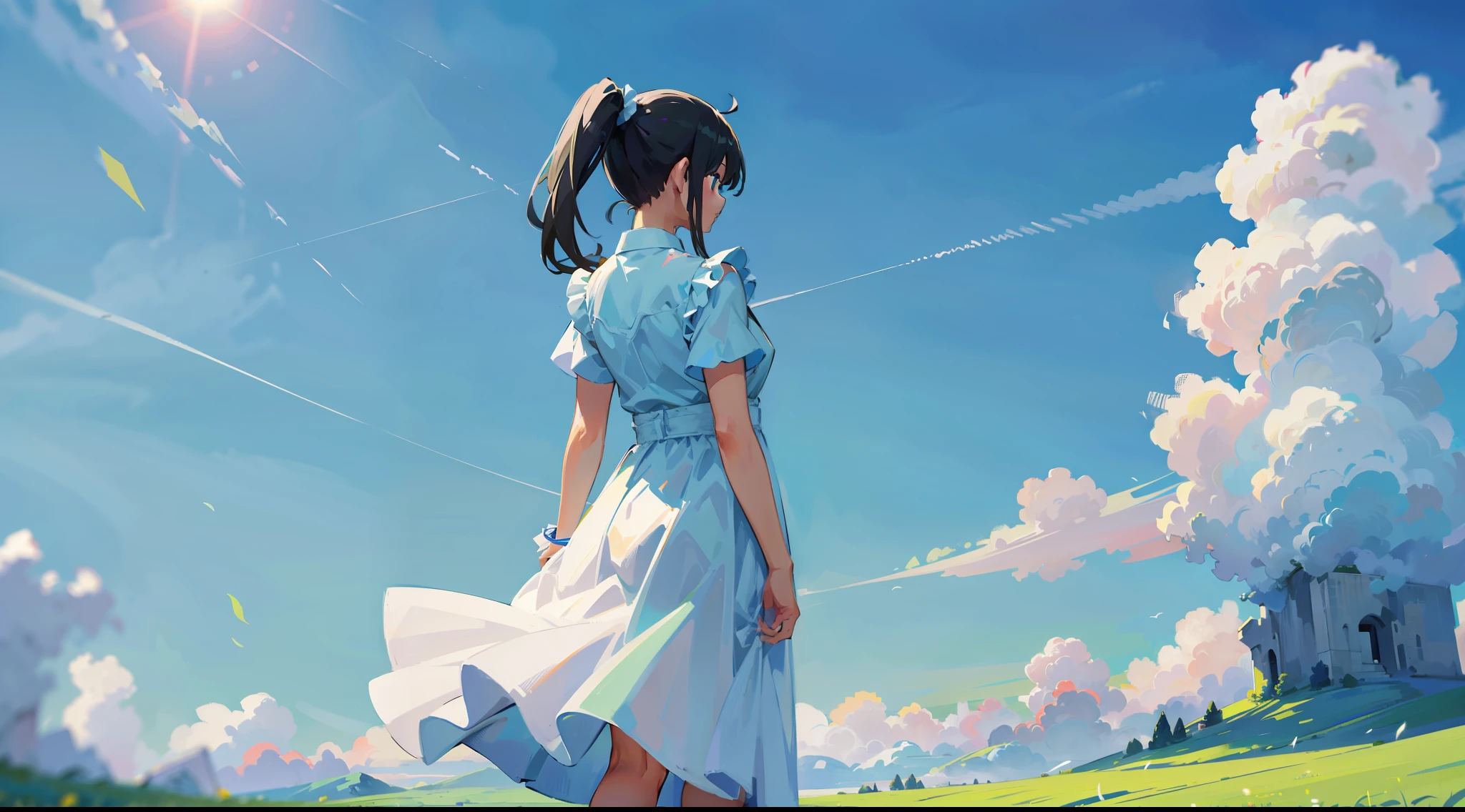 A girl standing, with a back, ponytail, wearing a white dress, with a green field in front and blue sky and white clouds in the distance