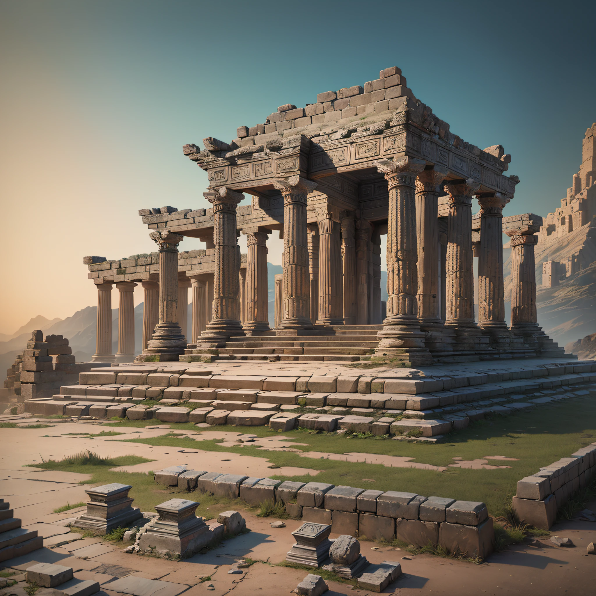 "Ancient Temple": A meticulously detailed, photorealistic depiction of an ancient temple or ruins, showcasing intricate architectural elements, weathered textures, and historical significance, Surrealism, color field printing, high detail, UHD, 8k, anatomically correct, cinematic lighting 4d quality --auto --s2