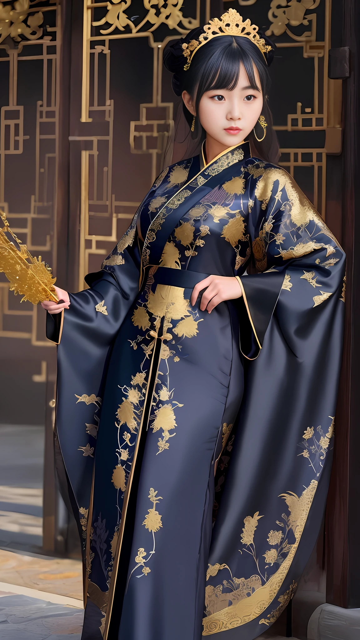 arafed asian woman in a black dress standing in front of a gate, gold brocaded dark blue clothes, hanfu, robes with golden characters, in dark robes with gold accents, wearing ancient chinese clothes, wearing gilded robes, imperial royal elegant clothing, dragon-inspired cloth robes, palace ， a girl in hanfu, wearing ornate silk clothes