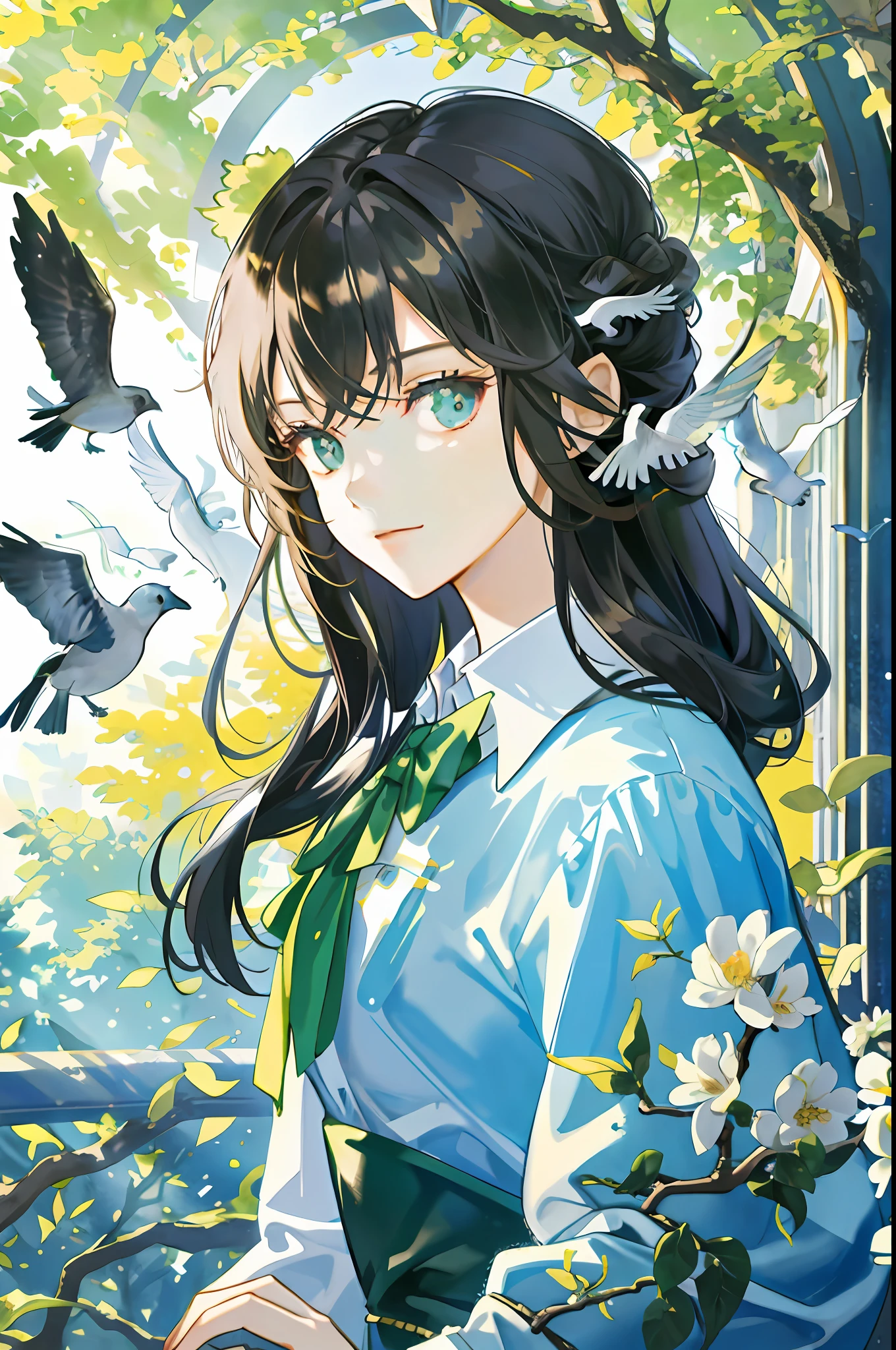 anime girl with long black hair and blue eyes standing in front of a tree, anime visual of a cute girl, beautiful anime portrait, beautiful anime, light novel cover art, anime moe artstyle, official artwork, beautiful anime art, beautiful anime style, beautiful anime artwork, beautiful anime girl, sui ishida art manga, profile of anime girl, beautiful anime art style