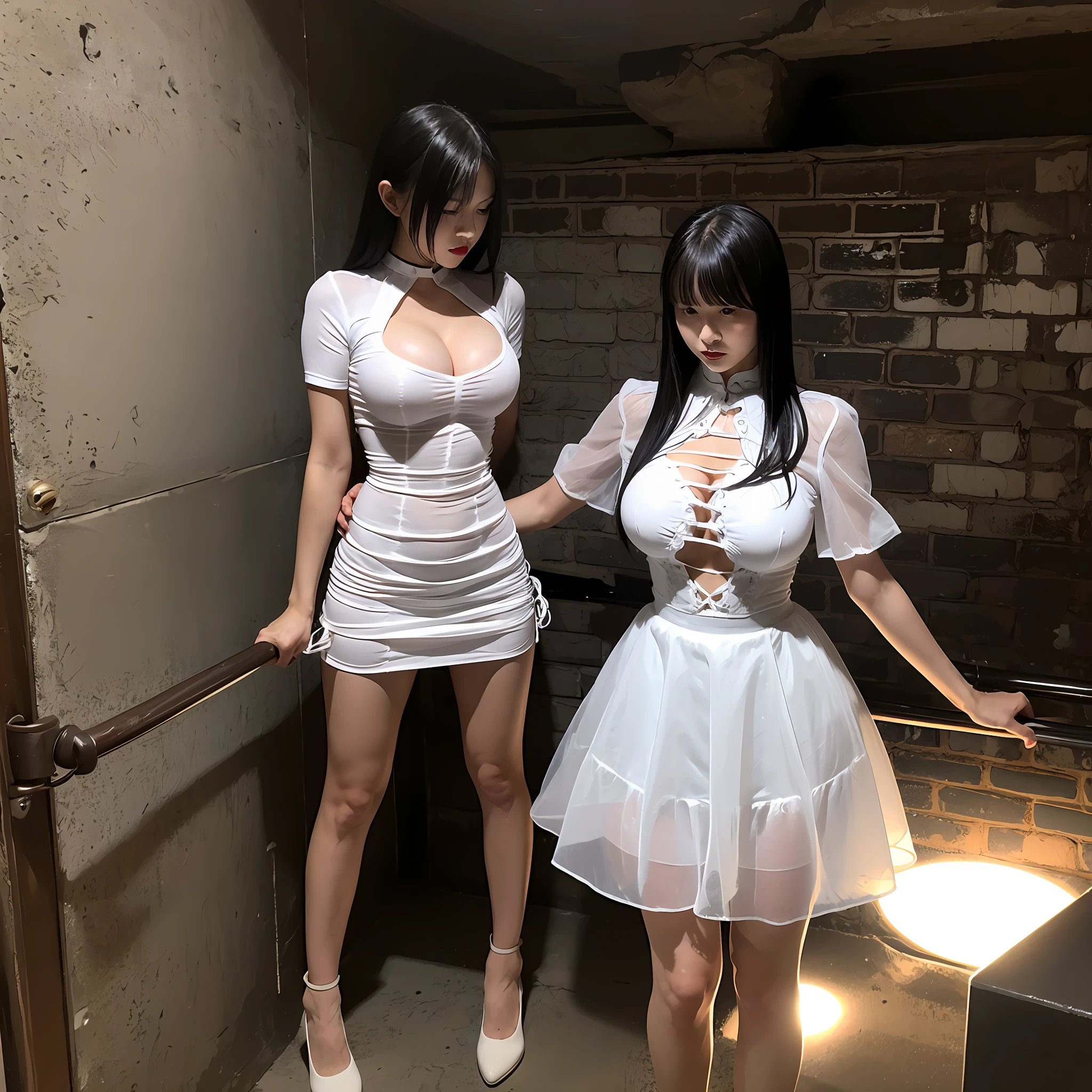 cellar, cage, girl, big breast, black hair, white shirt, translucent skirt, translucent dress, look of fear, scars, leather whip, whip marks, SM, BDSM, abuse