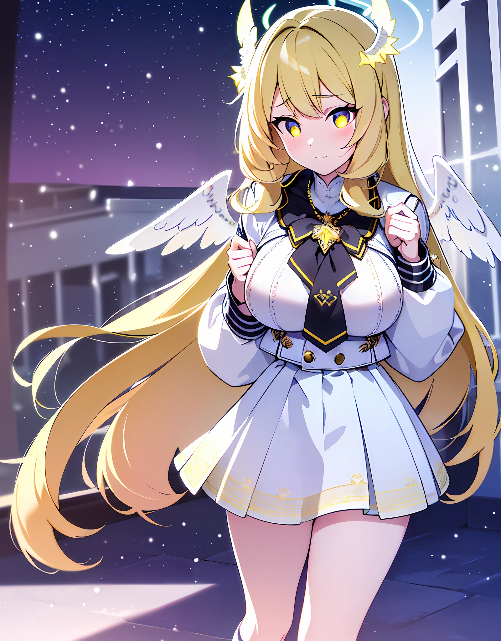 (sunaookami shiroko:1.2), {{{{masterpiece, extremely detailed, intricate details, soft focus, 8K, highres, depth of field, absurdres, high quality facial shadowing, dynamic shadowing, extreme shaders, cinematic lighting, perfect lighting, soft lighting, hazy lighting, blurry foreground, lens flare}}}}, best quality, asian qualities, {front view}, (solo:1.2), (beautiful young girl:1.3), high school girl, {{{extremely detailed girl, perfect anatomy, perfect body}}}, (detailed neon angel halo:1.4), bright yellow double halo, (beautiful-detailed hair:1.3), (yellow-blond hair:1.3), long luscious hair, (multi-layered hair:1.5), (hair splayed out:1.2), beautiful-detailed facial structure, detailed beautiful face:1.3, sexy face, cute face, slender facial structure, (detailed face:1.33), big eyes, (detailed glowing eyes:1.4), glowing bright yellow eyes, (detailed facial expression:1.1), shy, slightly open mouth, detailed-slight red blush, (detailed large angel wings:1.4), beautiful-detailed large white glowing angel wings, (detailed boobs:1.3), small size boobs, (slim waist:1.1), (slim legs:1.1), standing up, (detailed necklace:1.2), (glowing yellow simple plain necklace:1.3), (winter school uniform:1.3), (detailed pure white winter school jacket:1.5), (detailed pure white checkered winter school skirt:1.5), (detailed pure white socks:1.5), (detailed black school shoes:1.3), winter night, (enhanced background:1.4), snow falling at midnight with clear skies overhead with a waterfall in the background, snow on sidewalks with Christmas lights on tree's surrounded the viewer, (full body shot:1.1), hazy photo, (warm photo:1.3)