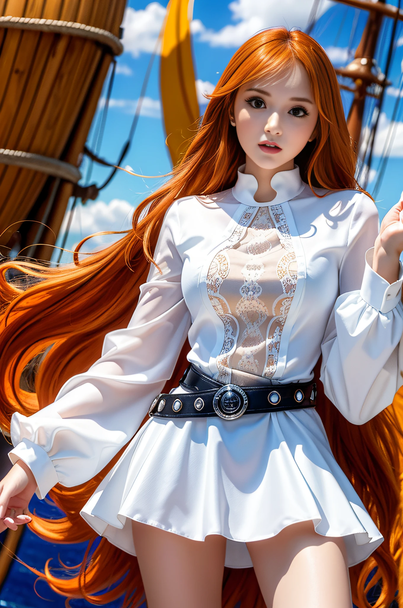 (((masterpiece+best quality+high resolution+ultra-detailed))), 1girl with clima-tact, Nami, long silky orange hair, high nose, sharp eyes, noble and inviolable temperament, (([female]: 1.2 + [beauty]: 1.2 + orange long hair: 1.2)), pirate ship background, blue sky, clouds, bracelets, white long sleeve mini dress and donned another belt, bright eyes, dynamic angle and posture.