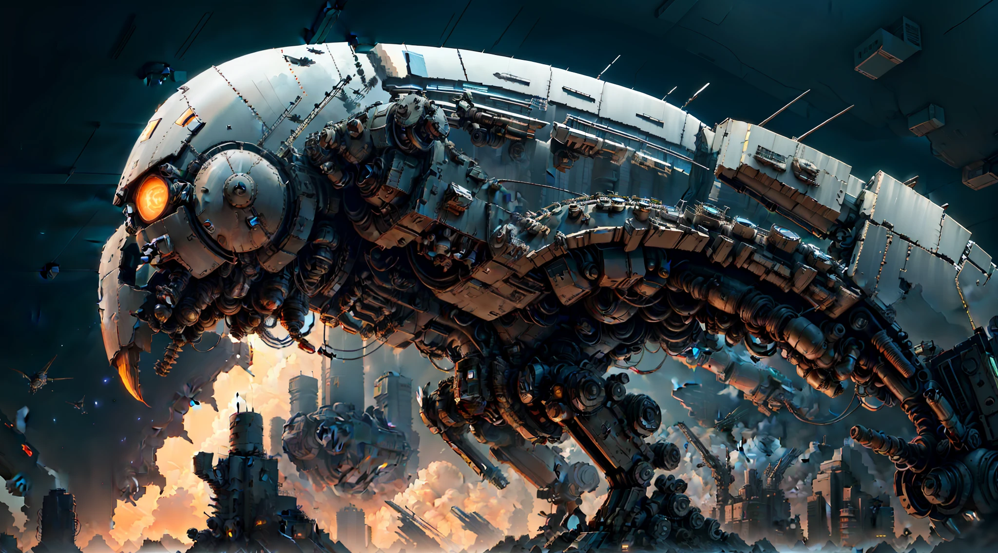 there is a large robot that is flying over a city, prometheus alien engineering, detailed sci-fi art, intense sci-fi details, stunning sci-fi concept art, sci fi epic digital art, alien structure, 3 d scifi art, sci-fi highly detailed, sci-fi digital art illustration, bionic scifi alexandre ferra, intricate alien technology