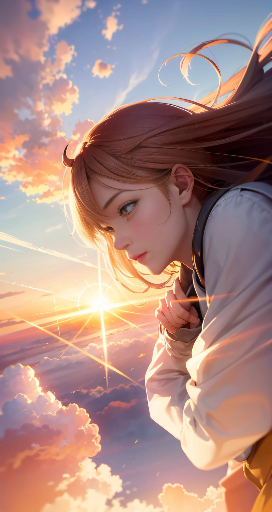 Masterpiece, Best Quality, Movie Stills, 1girl, Cloud Girl, Anime Heroine, Beautiful Girl, Floating in the Sky, Close-up, Bright, Happy, Warm Soft Light, Sunset, Good Looking, Anatomical Position Correct (Spark: 0.7)