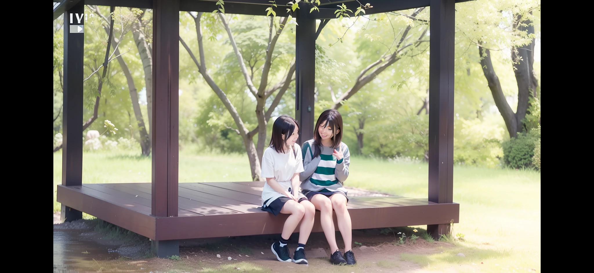 there are two girls sitting on a bench in the park, yoshitomo nara and aya takano, scenic full shot, youtube video screenshot, lofi, music video, ayami kojima and lyde caldwell, still from a music video, cute scene, calmly conversing 8k, two japanese schoolgirls posing, screenshot from a movie