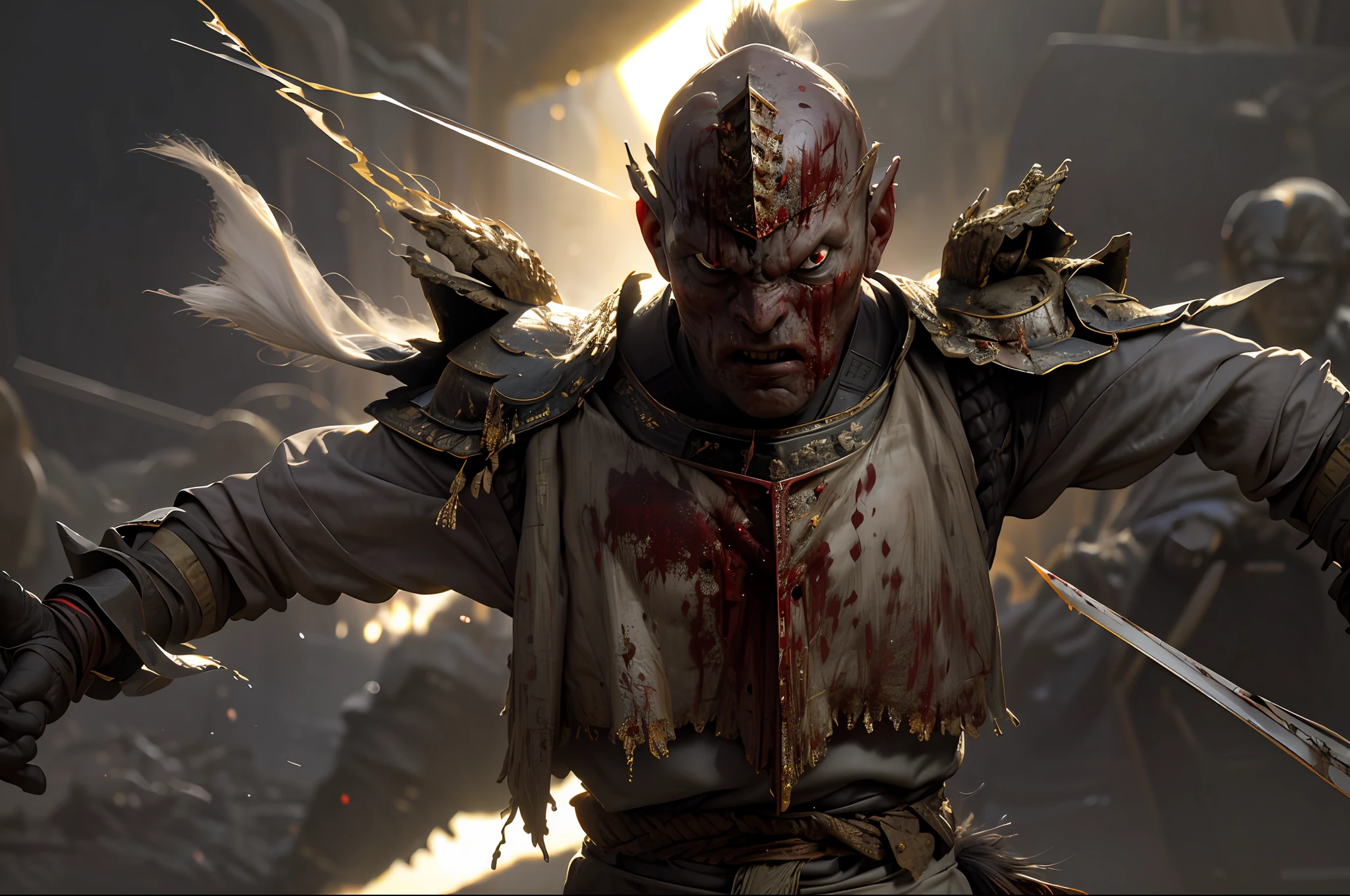 best quality, 8k uhd, dslr, soft lighting, high quality, volumetric lighting,1girl,upper body, wh_chi_armor,(bloodshot eyes),furious,fight stance, holding spear,spear,armor dress,heroic,blood on face, blood on clothes,flying blood,battlefield,red flags,smoke,sunset,