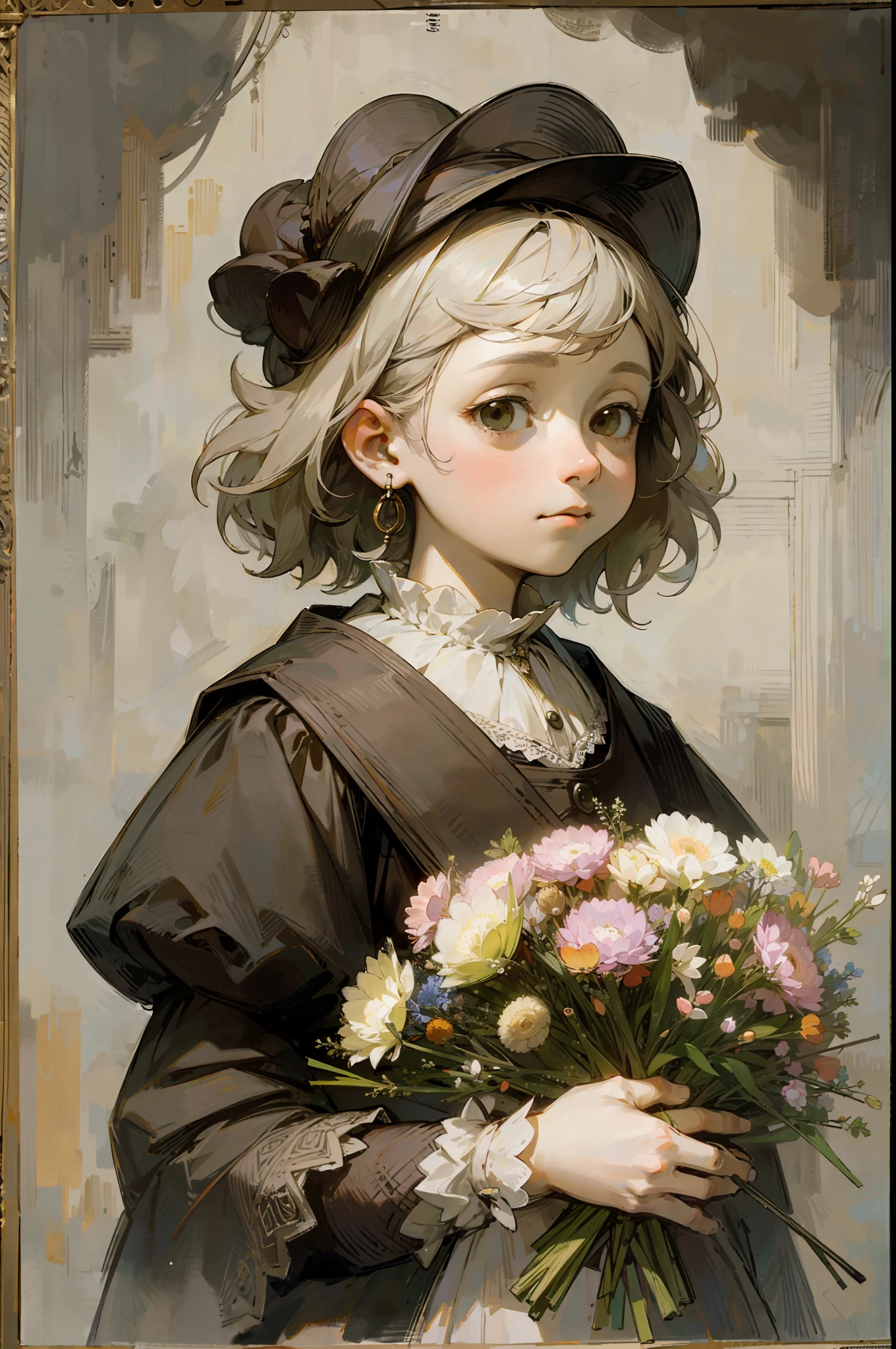 Top quality, woman giving bouquet of flowers, pastel, soft atmosphere, staring at us, Rembrandt