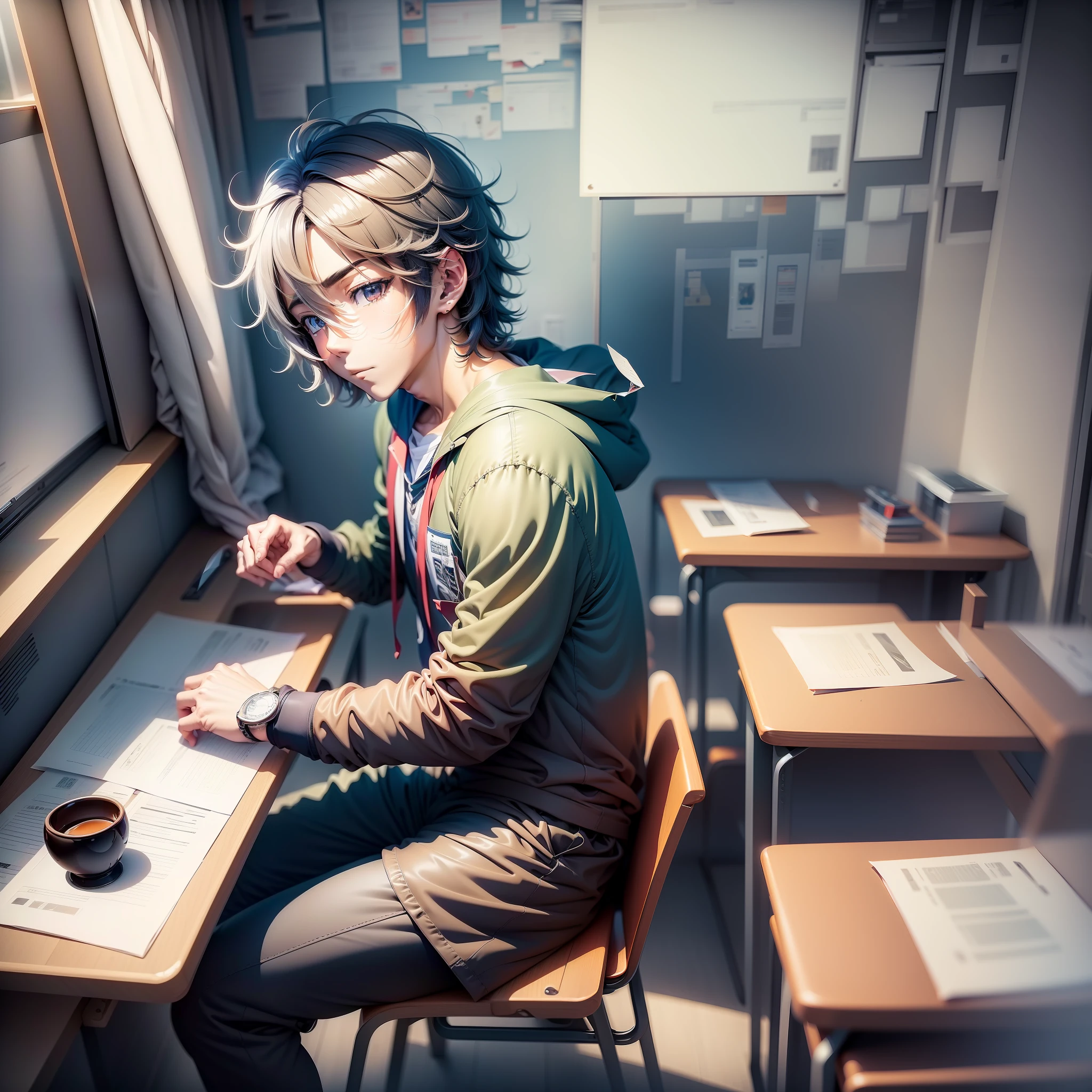 Anime anime boy sitting on desk in classroom, paper airplane flying in the air, amazing wallpaper, anime movie background, anime art wallpaper 8k