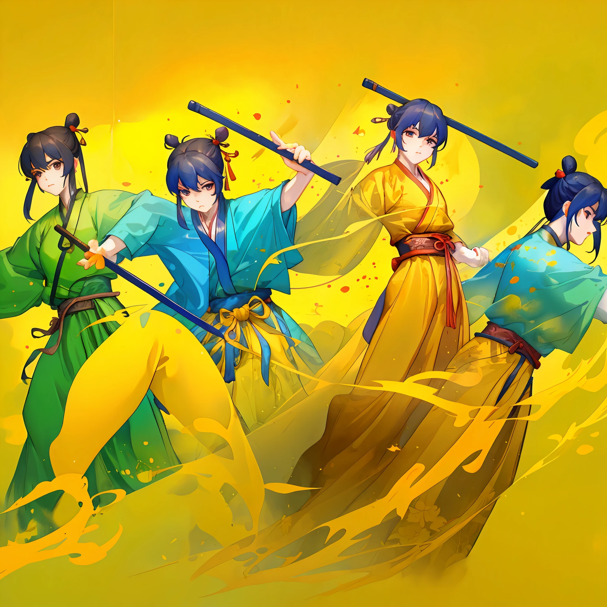 there are many people in blue and yellow uniforms doing martial, changquan, kung-fu, martial arts, inspired by Liao Chi-chun, doing martial arts, nanquan, martial art pose, taoist temples and monks, tai chi, inspired by Zhao Mengfu, inspired by Ma Quan, kung fu, kid, inspired by Li Shixing, beijing --auto --s2