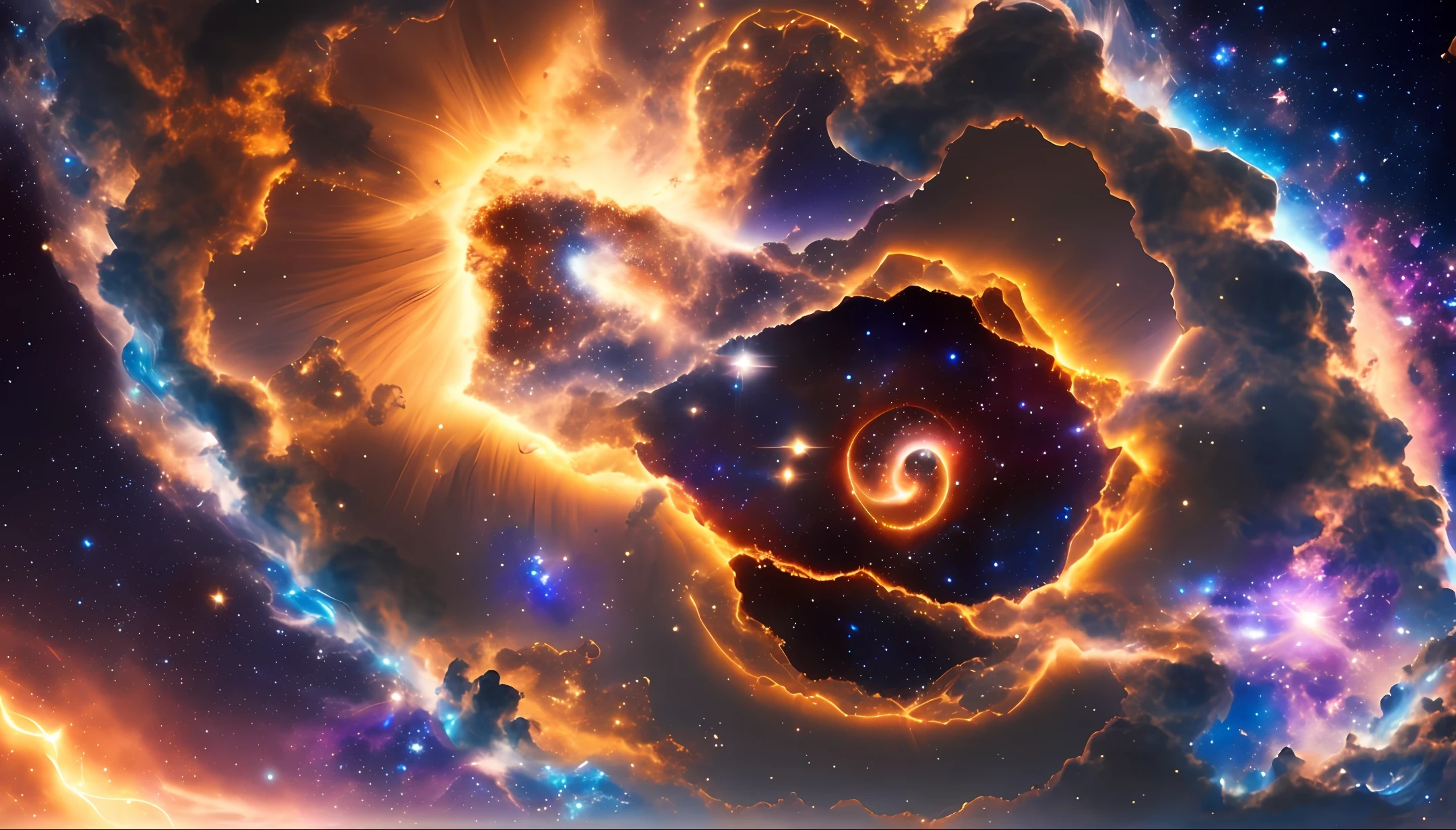 Create a portal in the middle of the Orion Nebula, at the bottom of the portal a city made of polished gold coming towards Earth, 4K, --auto --s2