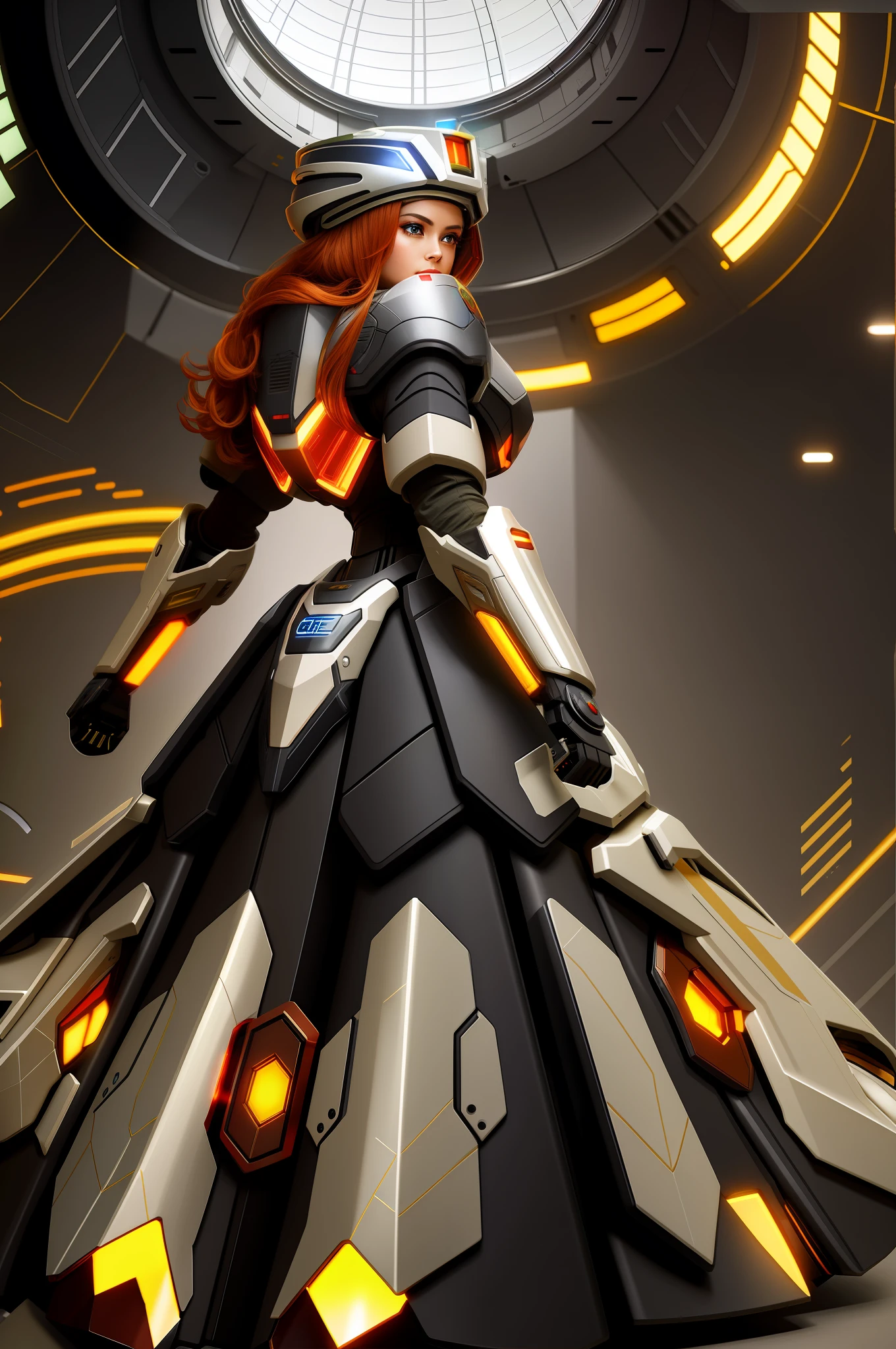 A sci-fi cyberspace queen’s head attire with central power-core inside