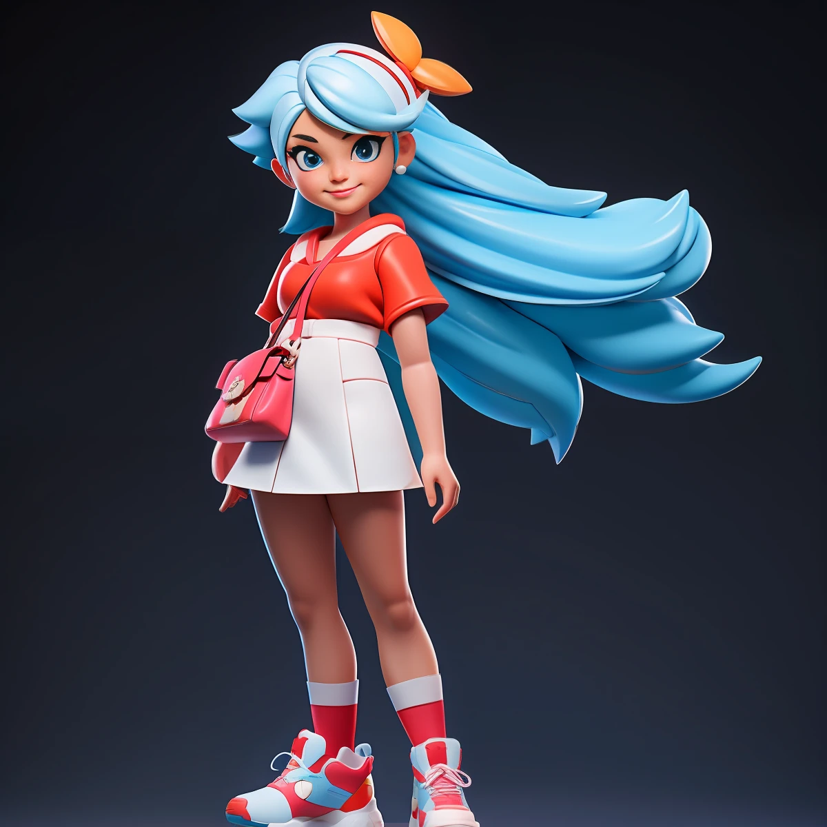 a close up of a cartoon character, Cute small humanoid girl , Cute small Fashion HongKong lady, professional manager, 30-years-old, white blue hair,long hair, passionate,beauty, smile with very deep dimples,tall, fit, Sexy,Wearing light red short T-shirt and white miniskirt and super high heels shoes, holding a hermes bag,Toy figures,best quality, 3d cartoon,full body view, studio lighting,fantasy, dreamlike, surrealism, super cute, render of a cute 3d anime girl, cute 3 d render, 3 d render stylized, 3 d character, 3d character, 3 d character render, toon render keyshot, highly detailed character, cartoon character, cute cartoon character, female explorer mini cute girl, stylized 3d render,full body view, fantasy, dreamlike, surrealism, super cute,masterpiece,best quality, trending on artstation,cute 3 d render, 3 d render stylized, 3 d character, 3d character, 3 d character render, toon render keyshot, highly detailed character, cartoon character, cute cartoon character,