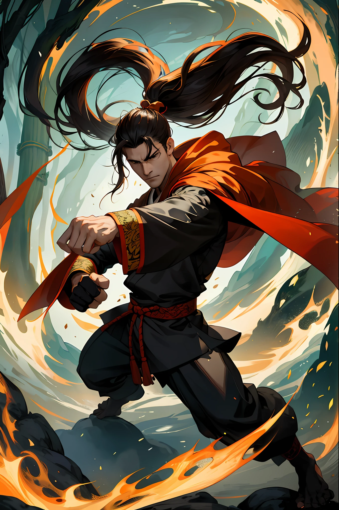 (Absurd, intricate details, masterpiece, best quality, high resolution, 8k), 1 male, mature, handsome, tall muscular man, broad shoulders, ponytail hair, dark brown eyes, fine eyes and detailed face, behind him is a huge water element, (style swirl magic: 0.7), (full body: 0.6), (Chinese fantasy theme: 1.1), hair fluttering in the wind, martial artist, dynamic pose, combat stance, clenched fists, fingerless gloves, wristbands, dragon-themed costumes, monk robes, Bamboo forest in background, rotating floating particles, dynamic composition, mysterious oriental medieval atmosphere, depth of field, visual effects.