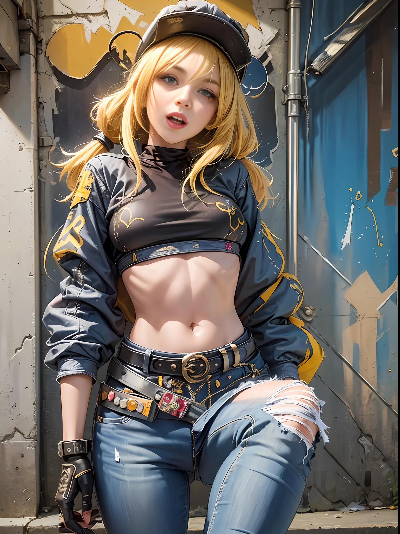 Original Character, Volumetric Lighting, Best Shadows, Shallow Depth of Field, Portrait Of Stunningly Beautiful Girl, Petite, Delicate Beautiful Attractive Face With Alluring Yellow Eyes, Messy Painted Face, Sharp Eyebrows, Broadly Smiling, Open Mouth, Fangs Out, Lovely Medium Breasts, Layered Long Twintail Blond Hair, Blush Eyeshadow, Thick Eyelashes, Applejack Hat, Oversized Pop Jacket, Mini Underboob Tee, Open Navel, Slim Waist, Denim Jeans Pants, With Buckle Belt, In The Graffiti Alley, Waste Container, Outside Stairs, Outdoor Unit, Holding Spray Paint Can, Standing, (Highest Quality, Amazing Details:1.25), (Solo:1.3), Brilliant Colorful Paintings