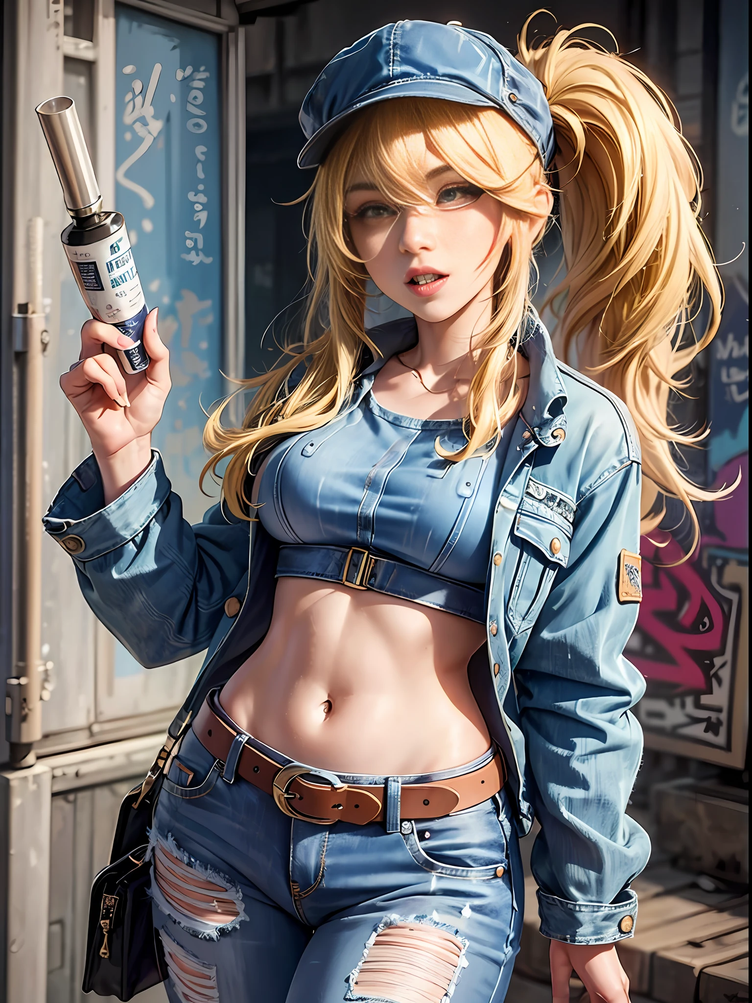 Original Character, Volumetric Lighting, Best Shadows, Shallow Depth of Field, Portrait Of Stunningly Beautiful Girl, Petite, Delicate Beautiful Attractive Face With Alluring Yellow Eyes, Messy Painted Face, Sharp Eyebrows, Broadly Smiling, Open Mouth, Fangs Out, Lovely Medium Breasts, Layered Long Twintail Blond Hair, Blush Eyeshadow, Thick Eyelashes, Applejack Hat, Oversized Pop Jacket, Mini Underboob Tee, Open Navel, Slim Waist, Denim Jeans Pants, With Buckle Belt, In The Graffiti Alley, Waste Container, Outside Stairs, Outdoor Unit, Holding Spray Paint Can, Standing, (Highest Quality, Amazing Details:1.25), (Solo:1.3), Brilliant Colorful Paintings