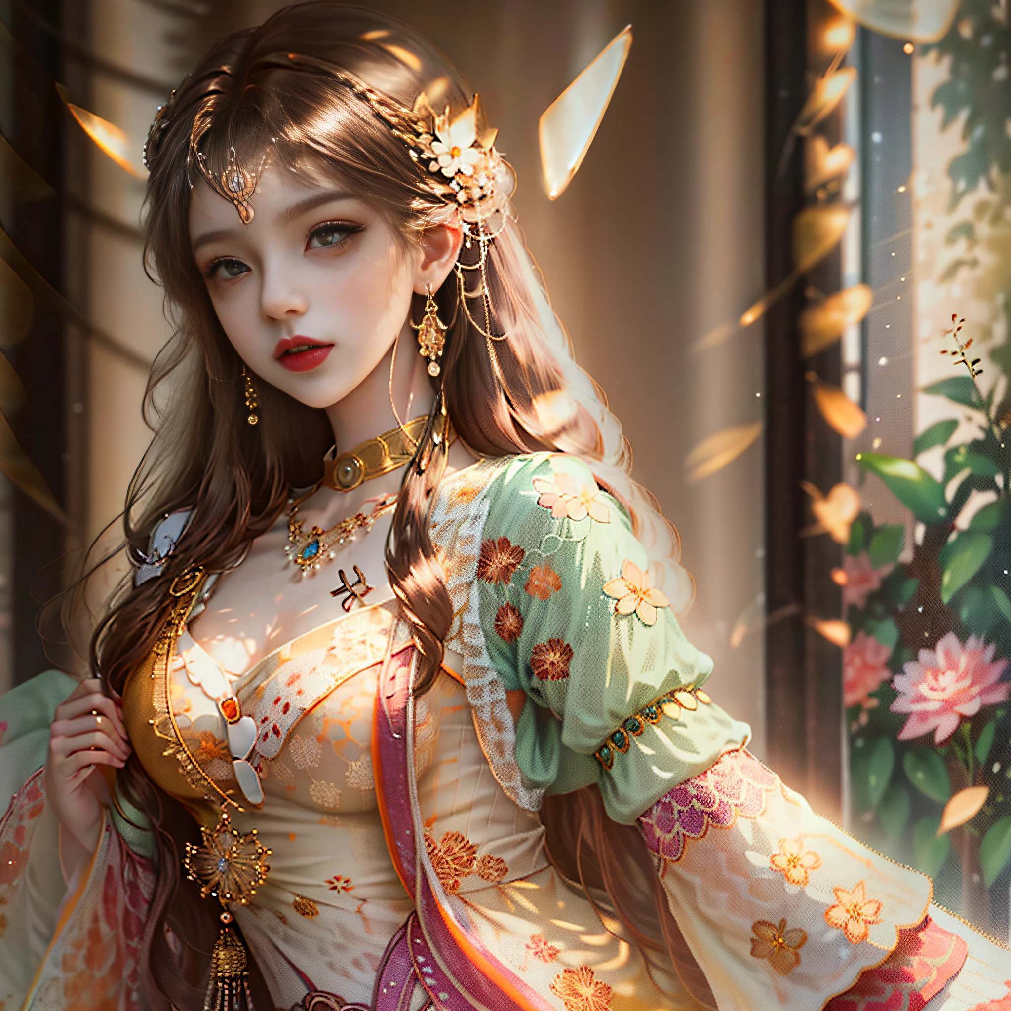 ayoung woman leaningon awindow foraselfie in the, style of light orange and light gold, kawaii, aesthetic floral accents eye-catching resin jewelry., dark brown and light brown, romanticized femininity., traditional