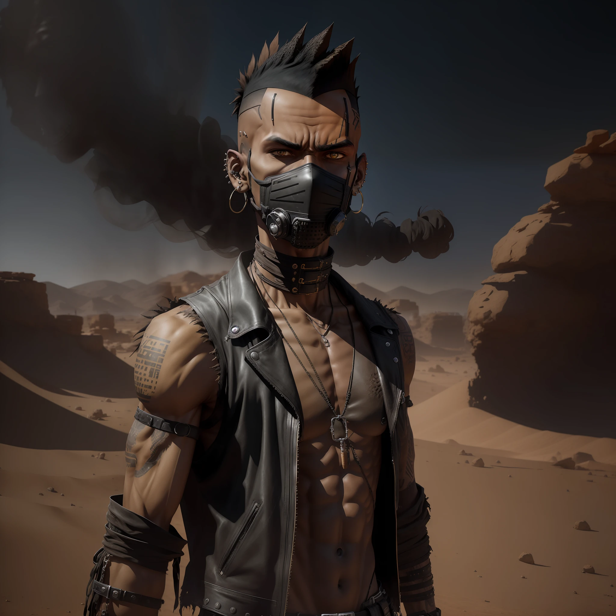 1 man, emaciated, with black mohawk haircut, waring worn shirt and pants, torn clothing, wearing black leather vest, wearing a breathing mask, multiple ear piercings, in desert environment, yellowish toxic air, particles in air, bokeh, raytracing, realistic textured skin, particle effects, depth of field