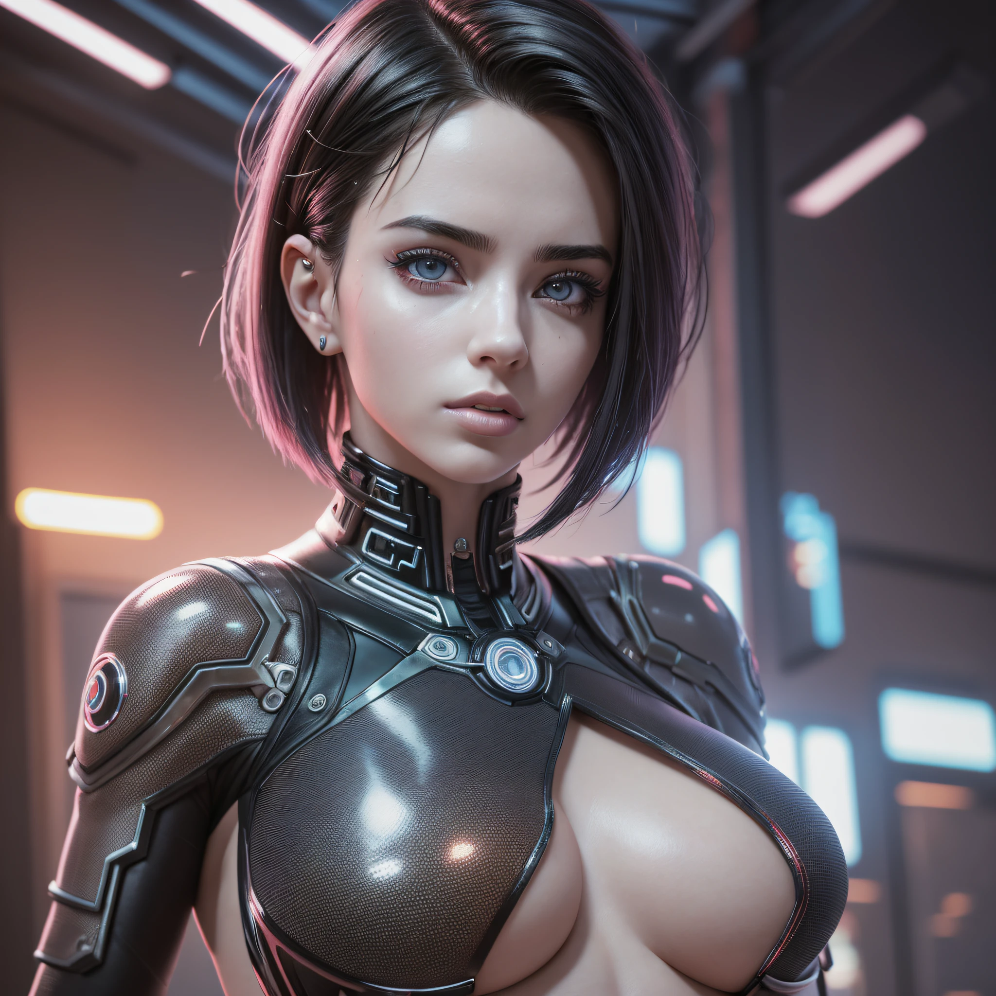 masterpiece, cyberpunk, ultra realistic, woman 38 years, Like a Yael Shelbia, 3d, 3d rendering, porcelain, latex, Best quality, human anatomy, real hair, short hair, asymmetrical cut hair, moving hair, huge breasts, human anatomy, posing for photo, translucent, (ethereal, dreamlike), formidable, 8k wallpaper --auto --s2