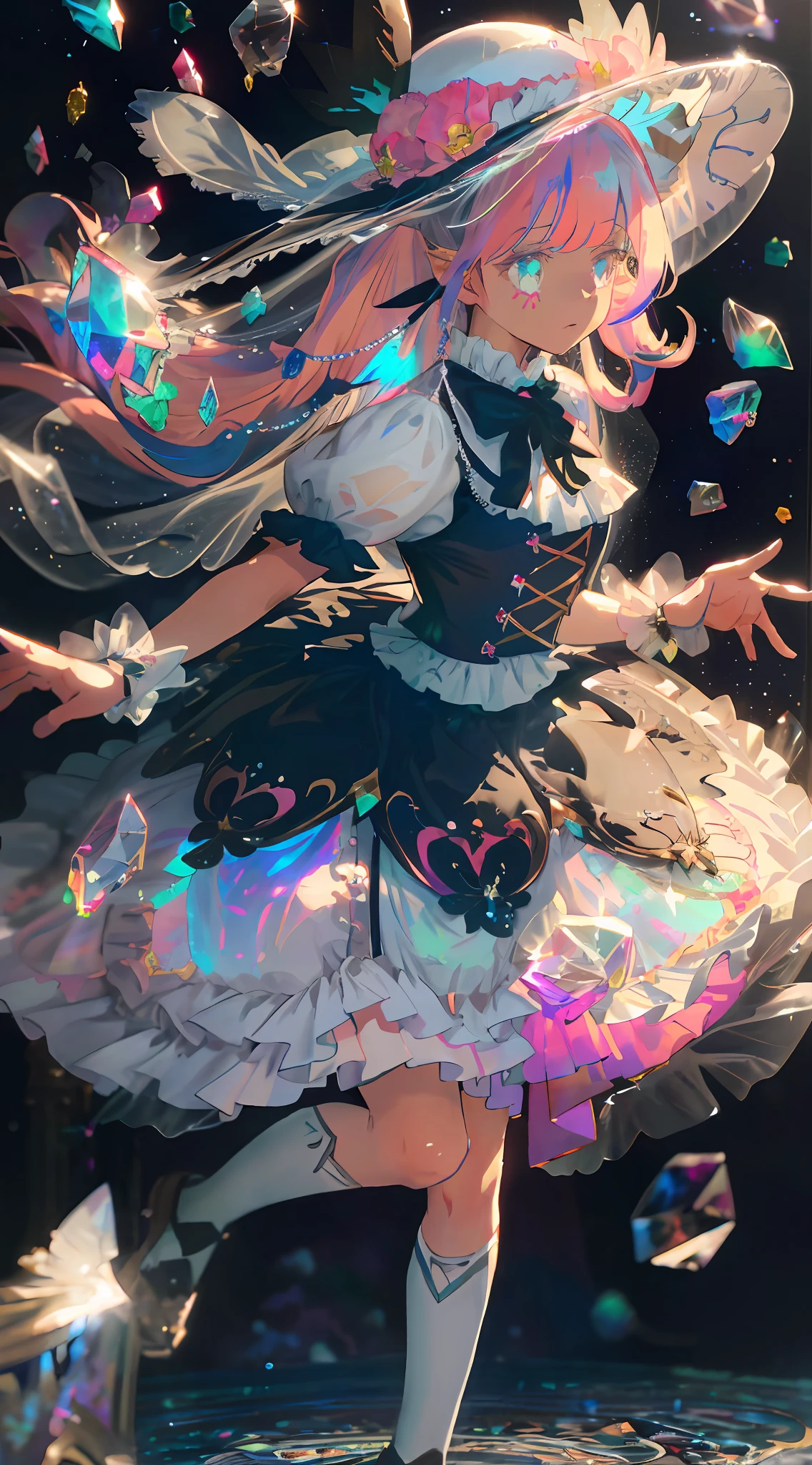1girl, extreme detail, ta, loliashion, frills, intricate and gorgeous, gloves, afternoon tea, ponette hat, curly hair, macarons, cream, colorful, gradient dye, candye, shiny crystal, shiny, light particles, dynamic pose, dramatic composition, candy hair accessories, colorful skirts, pearls, flowers, embroidery, gem-encrusted, flat chest, gauze skirt with broken diamonds, flying, jumping, veil, transparent blouse, lace gloves, delicate portrayal of face, full body, Full body, Opal-like eyes