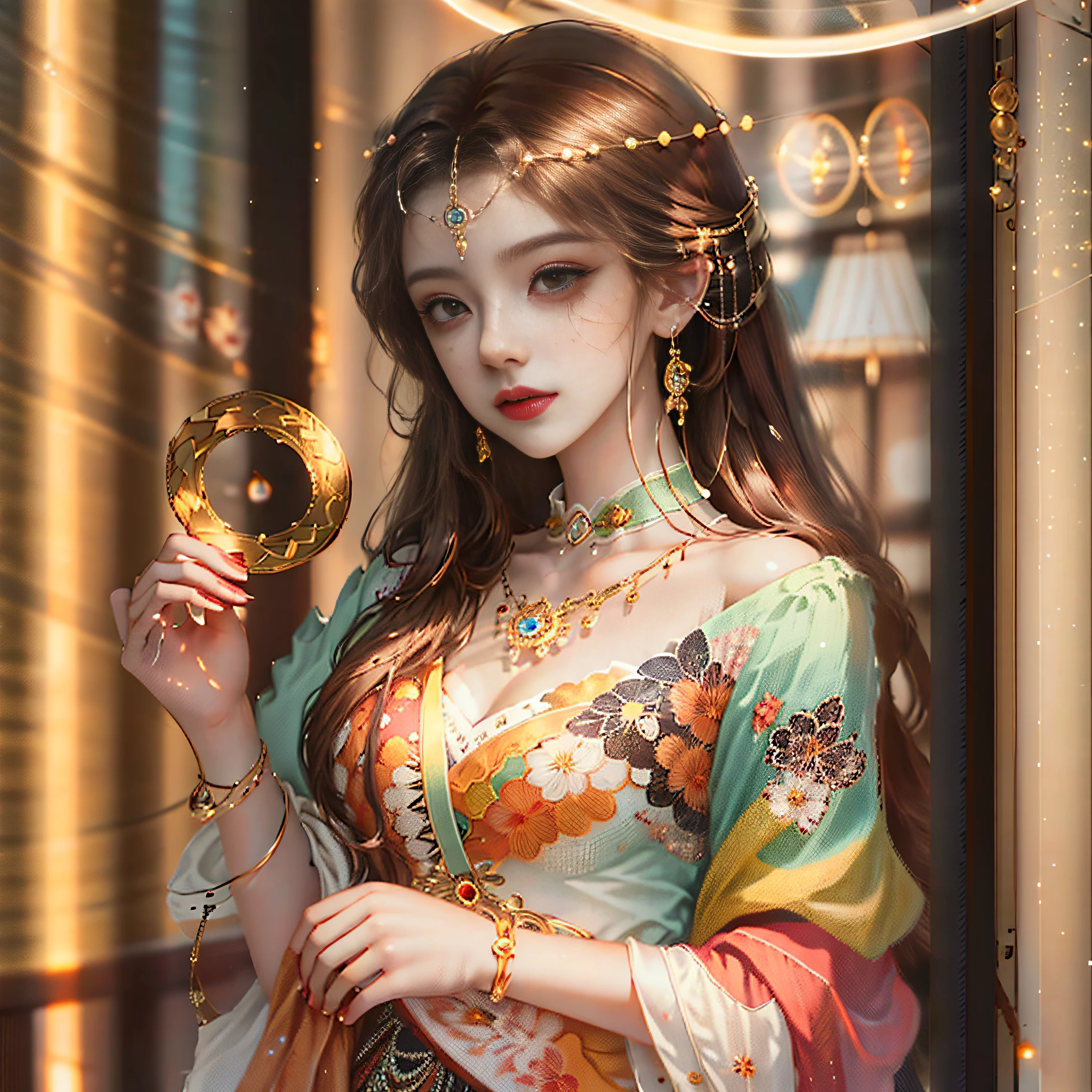 ayoung woman leaningon awindow foraselfie in the, style of light orange and light gold, kawaii, aesthetic floral accents eye-catching resin jewelry., dark brown and light brown, romanticized femininity., traditional