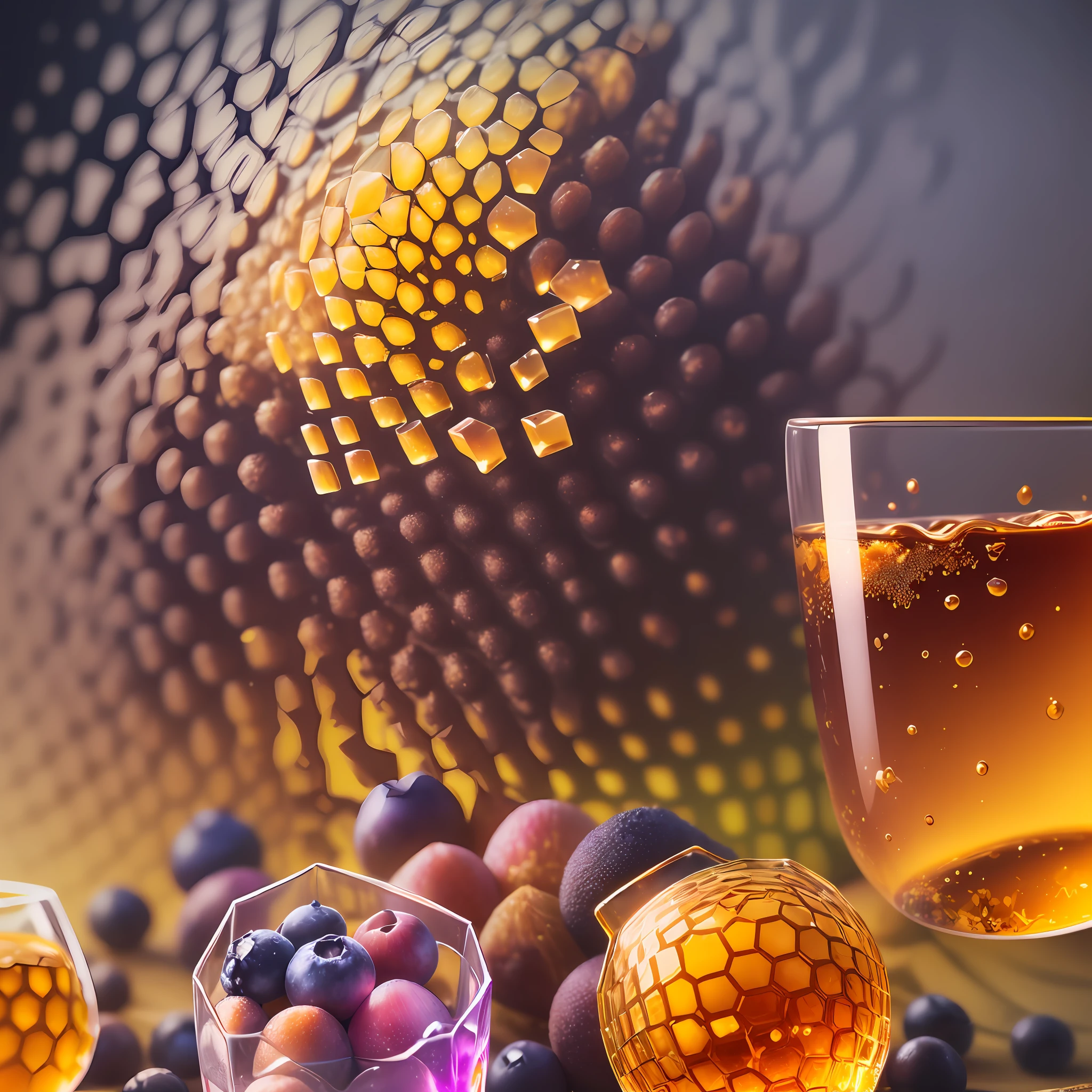 Computer Visualized Graphics, Realistic Fantasy, Extensive Landscape Ultrasound Photography (general view showing a glass glass, honeycomb, honey, honeydew, ice cube, small and large, red and blue berries,), blurred background, colorful, bright, yellow, orange, honey, purple background, pink, warm, magic