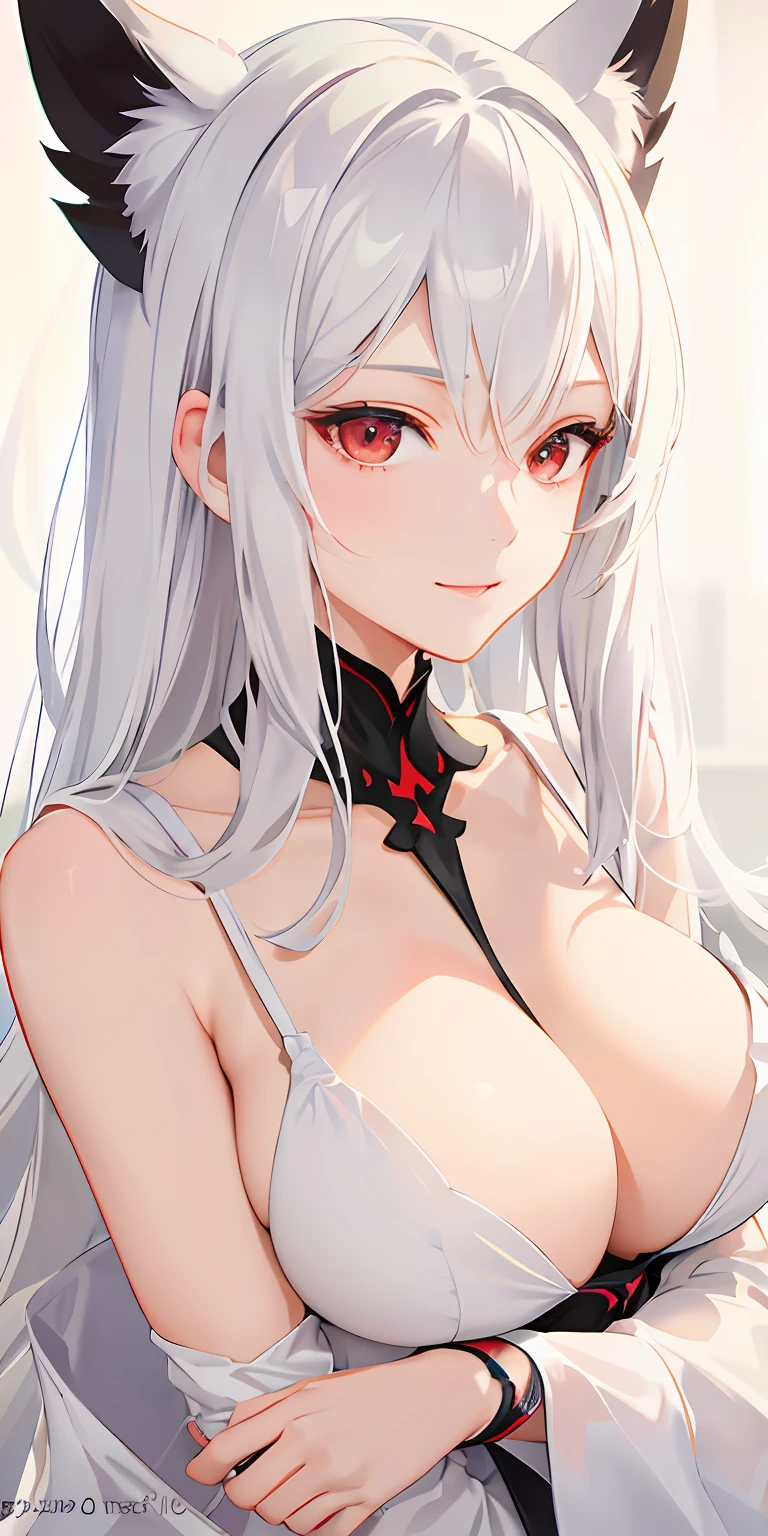 (fidelity: 1.4), amazing, masterpiece, ((female, big boobs)), slim, muscular, sharp ears, light gray skin, long curly gray hair, red eyes, smile, minder, do not disturb, Recite the Pipa