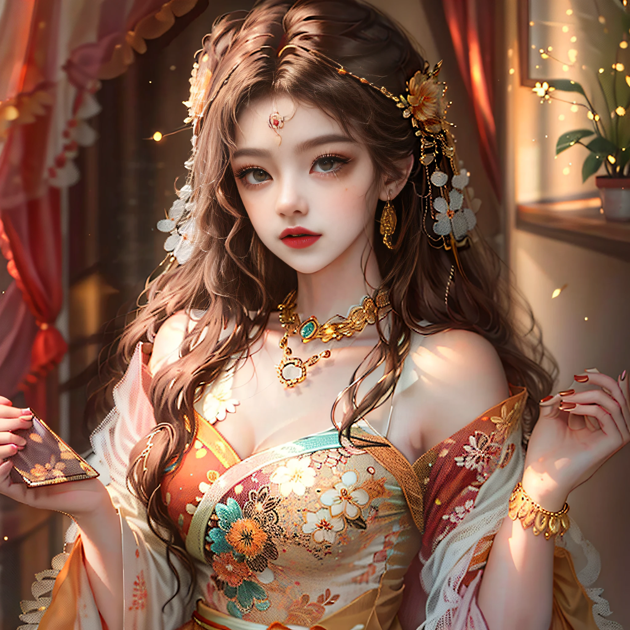 ayoung woman leaningon awindow foraselfie in the, style of light orange and light gold, kawaii, aesthetic floral accents eye-catching resin jewelry., dark brown and light brown, romanticized femininity., traditional