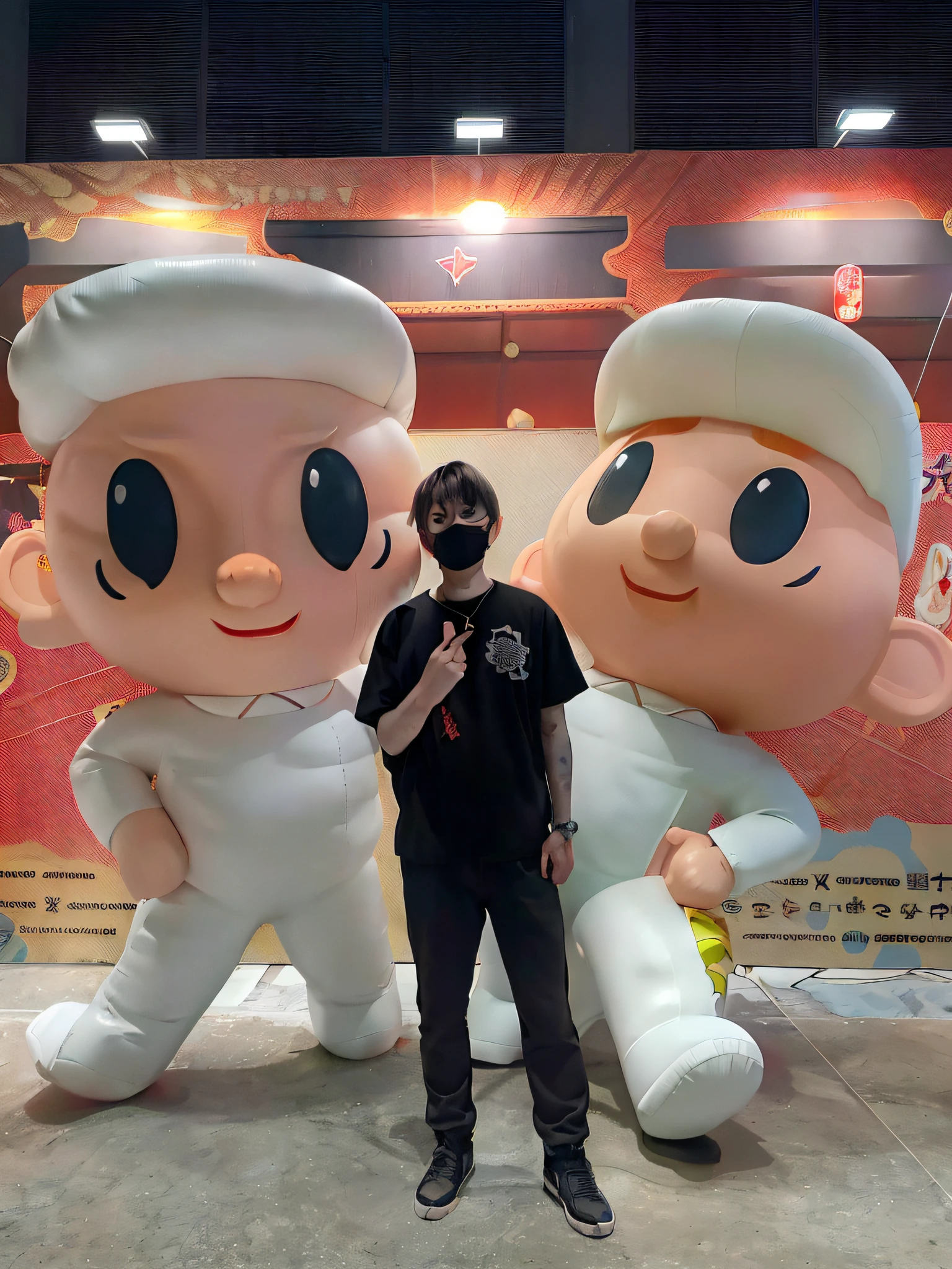 there is a man standing next to a giant inflatable doll, with two characters, kenny wong x pop mart, frank franzzeta and sakimichan, ron english and eiichiro oda, nixeu and sakimichan, tite kubo and takashi murakami, full body mascot, wearing giant paper masks, (((luke chueh)))